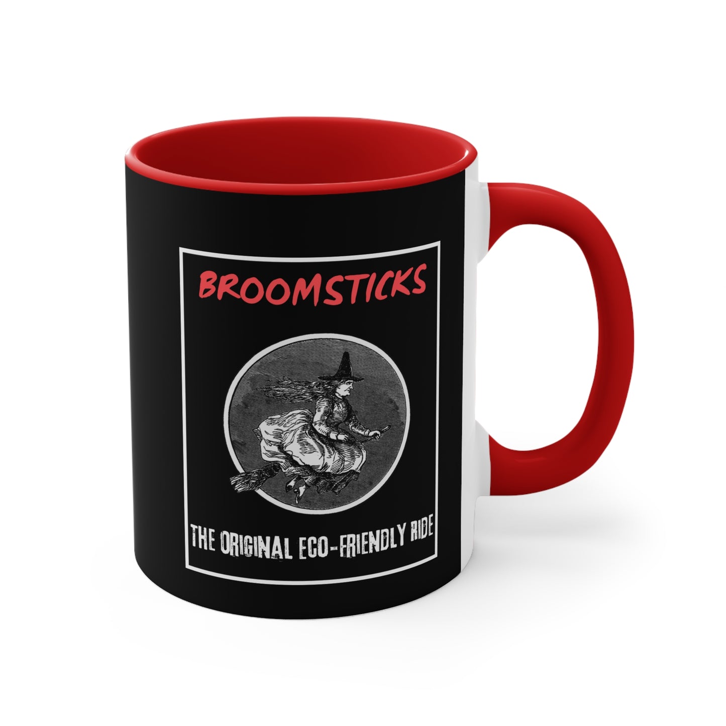 "Broomsticks: The Original Eco-Friendly Ride" Coffee Mug - Black Background