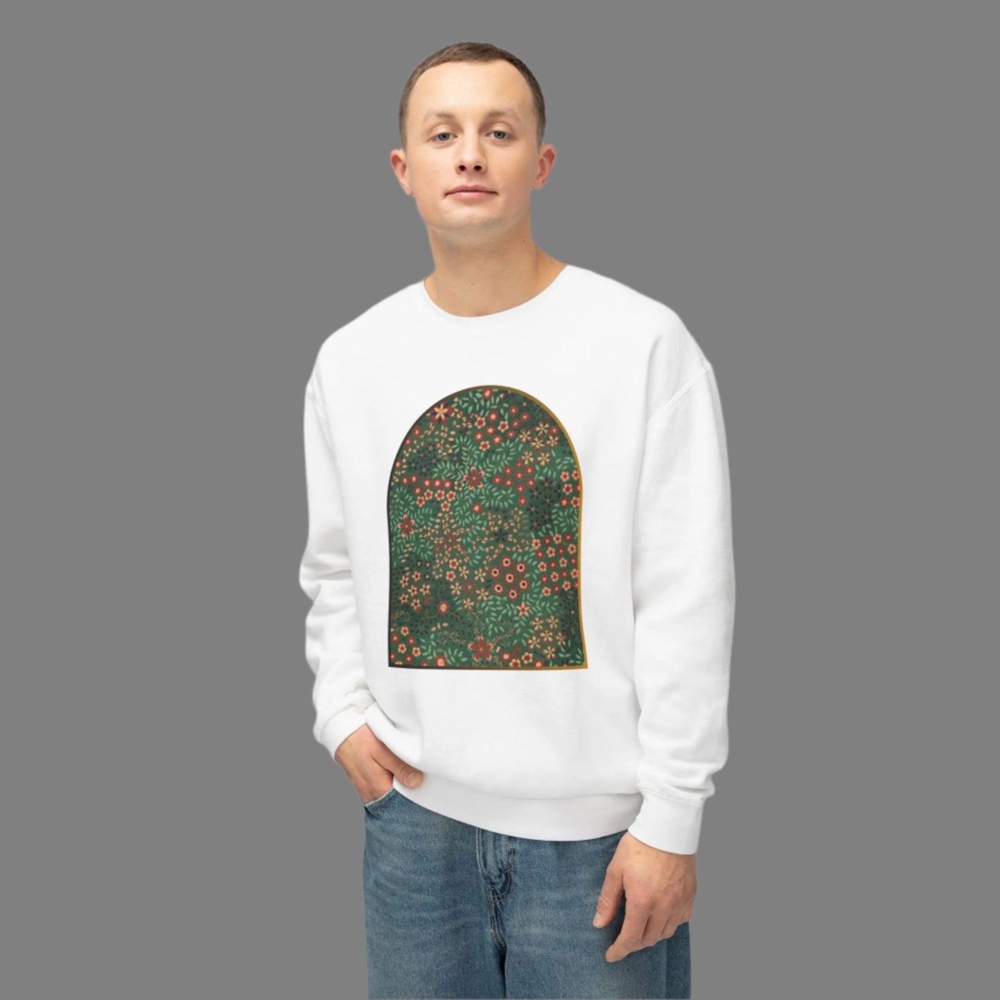 Unisex crewneck sweatshirt featuring a vibrant floral garden design with lush botanical patterns.