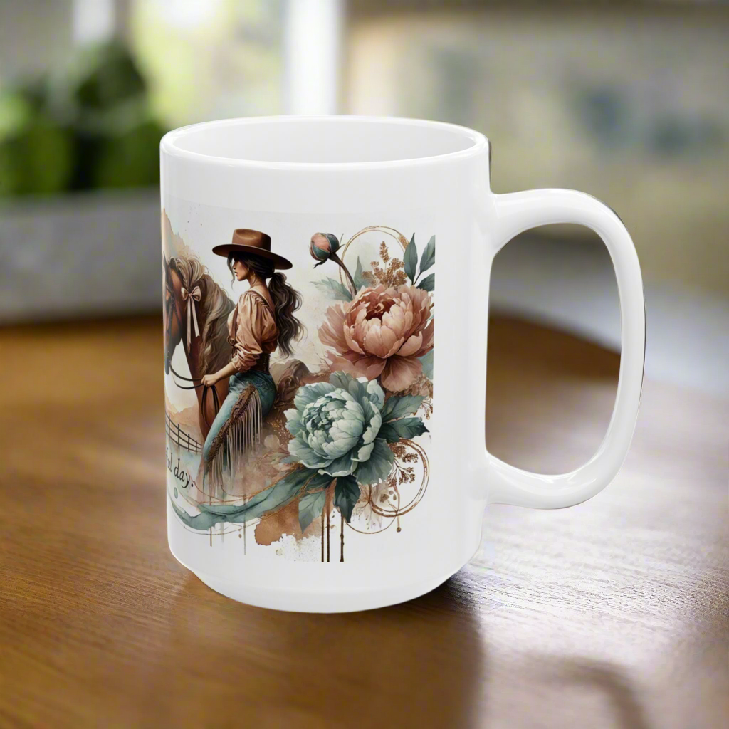 Personalized Western-Themed Coffee Mug | Floral Horsewoman Design | Saddle Up for a Beautiful Day | Custom Name | Available in 11 oz and 15 oz