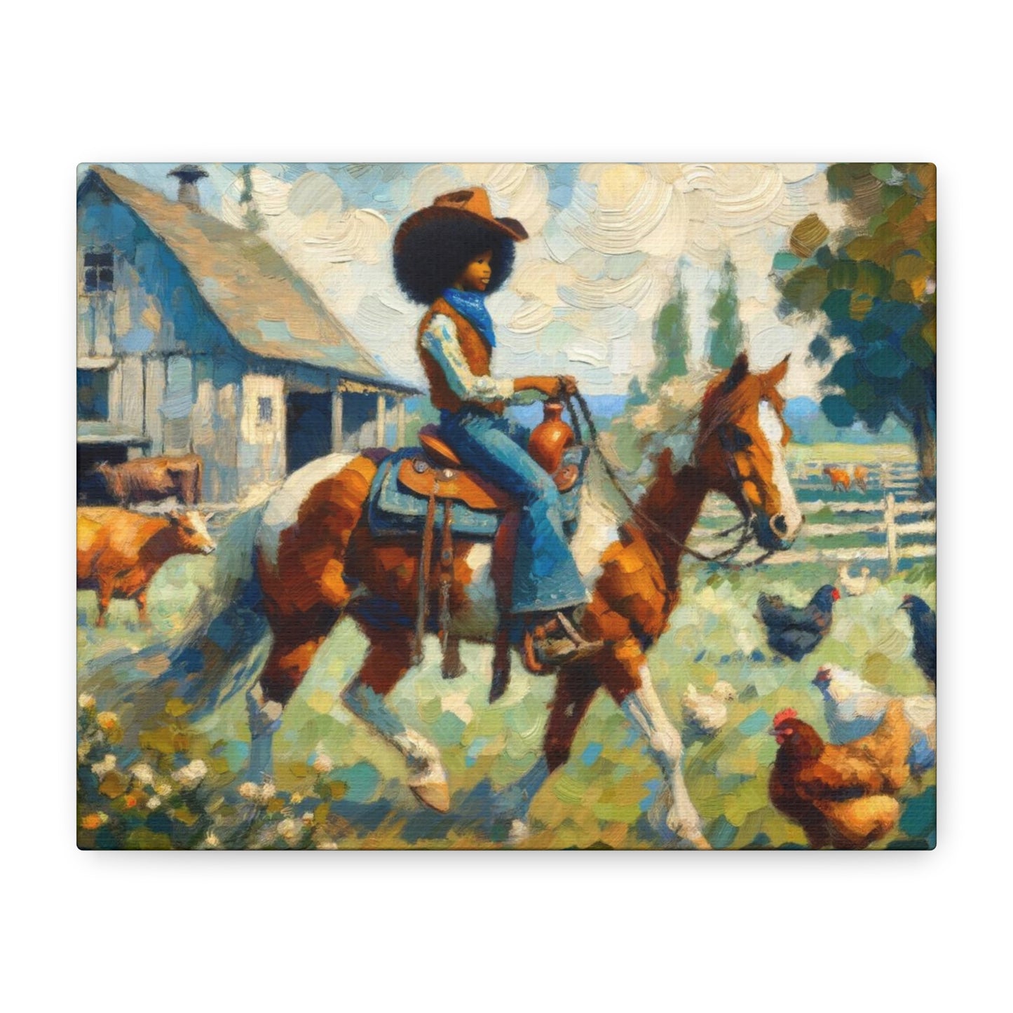 Rustic Farmhouse Wall Art | Cowgirl on Horse Stretched Canvas | Country Barnyard Decor