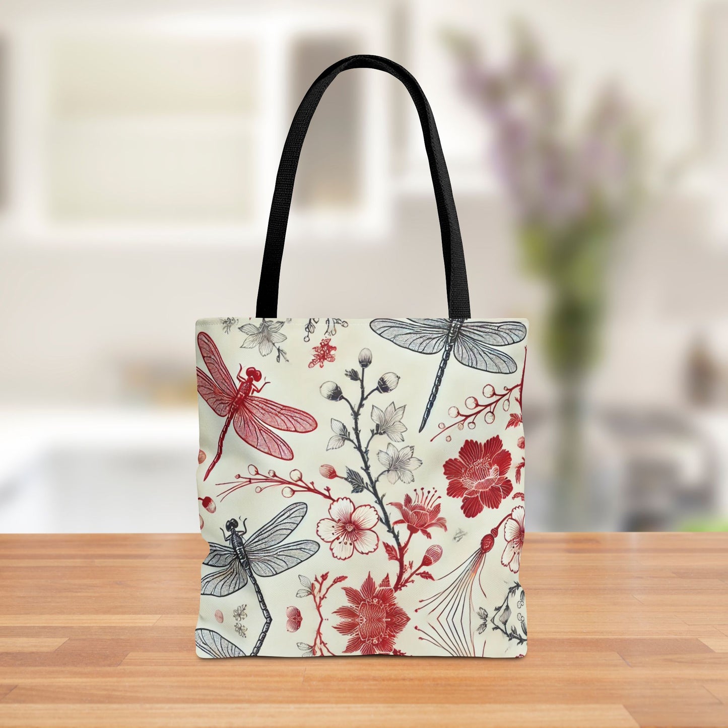 Dragonfly Floral Chinoiserie Tote Bag | Elegant Red & Black Insect Print Bag | Eco-Friendly Polyester Tote | Nature-Inspired Gift