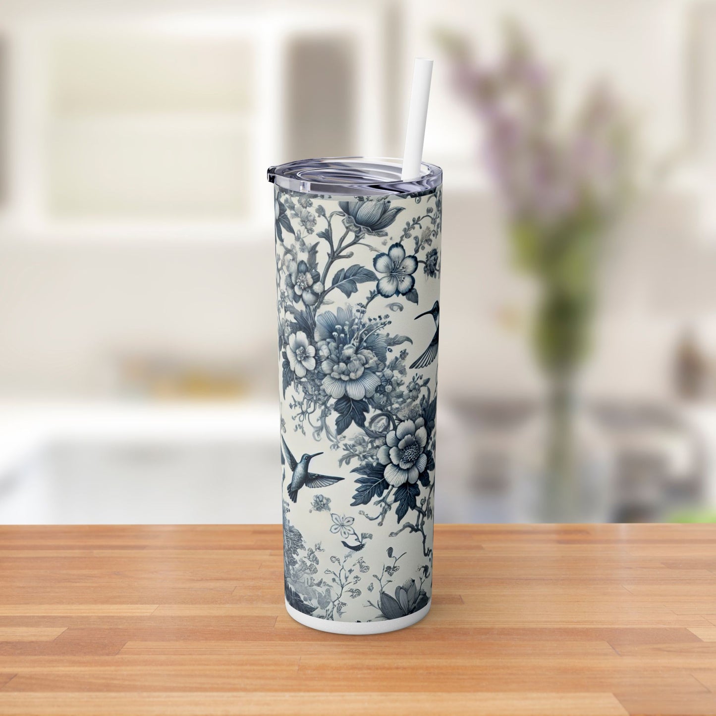 Blue & White Chinoiserie Hummingbird Tumbler | 20oz Maars Skinny Insulated Travel Mug with Lid & Straw | Elegant Floral Bird Design | Gift for Tea & Coffee Lovers