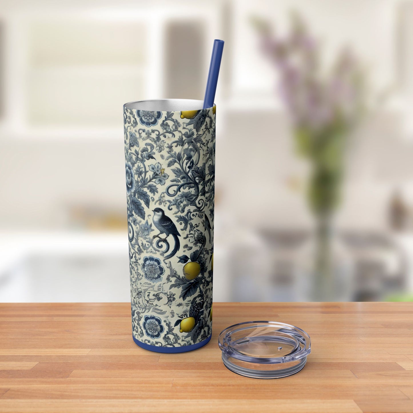 Blue Chinoiserie Lemon Tumbler | 20oz Insulated Travel Cup | Vintage Botanical Birds & Lemons | Includes Straw & Lid