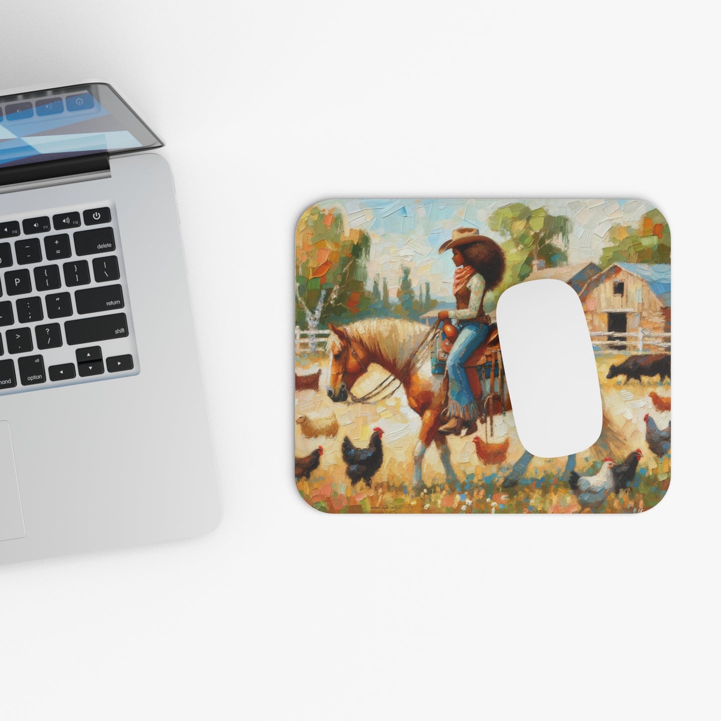 Personalized Mouse Pad | Rustic Farm Scene Mouse Pad | Cowgirl and Horse Art Mouse Pad