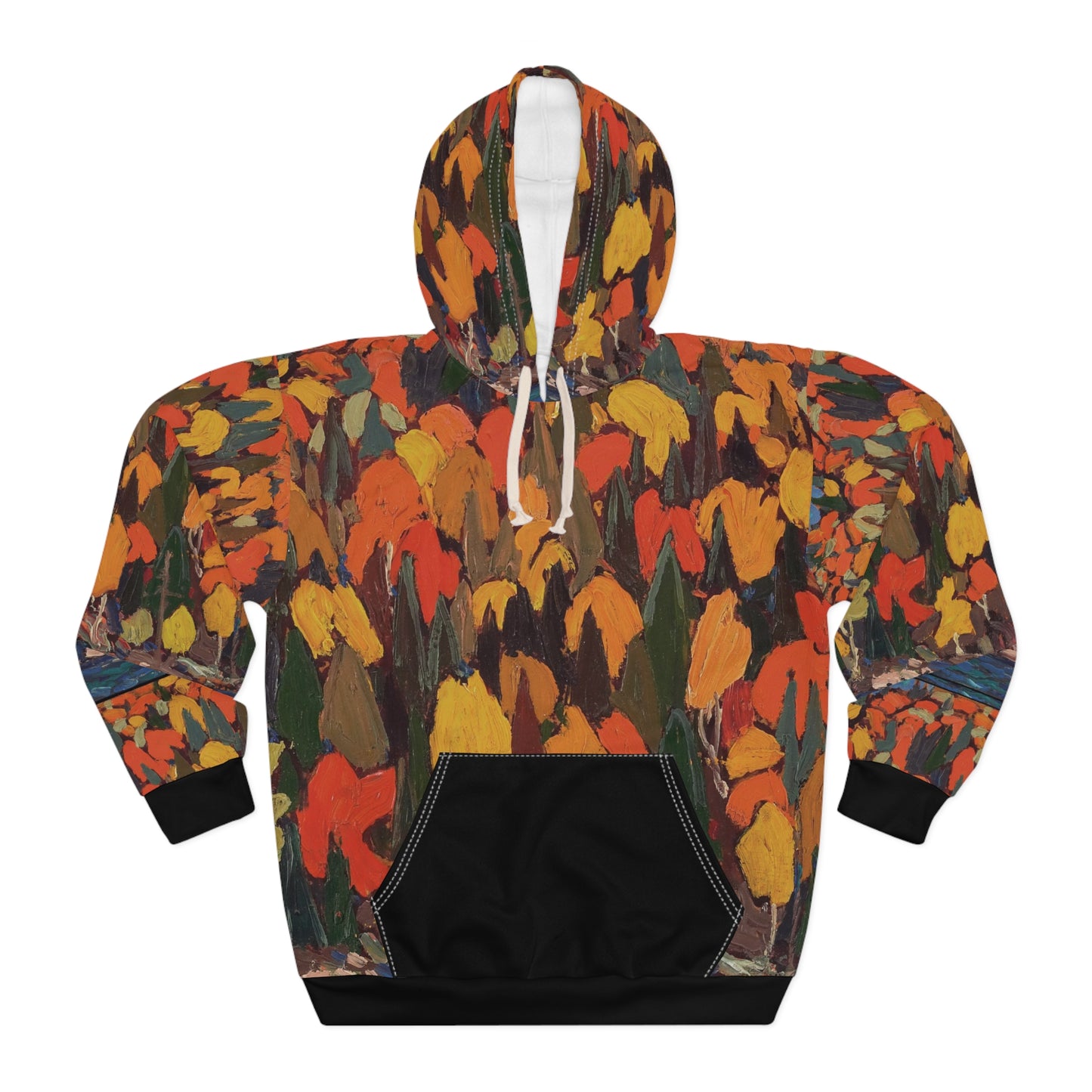 Front view of Autumn Foliage Hoodie featuring vibrant fall leaf print inspired by Tom Thomson.
