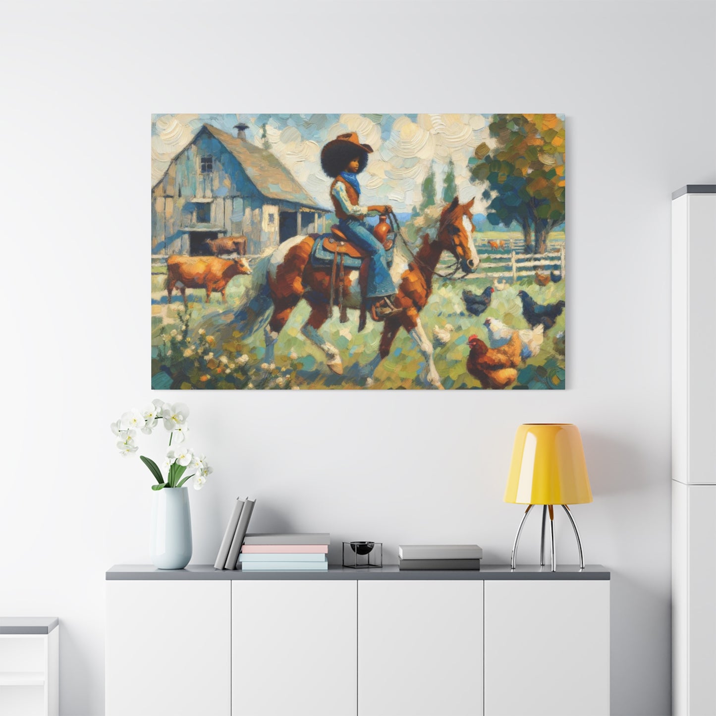 Rustic Farmhouse Wall Art | Cowgirl on Horse Stretched Canvas | Country Barnyard Decor