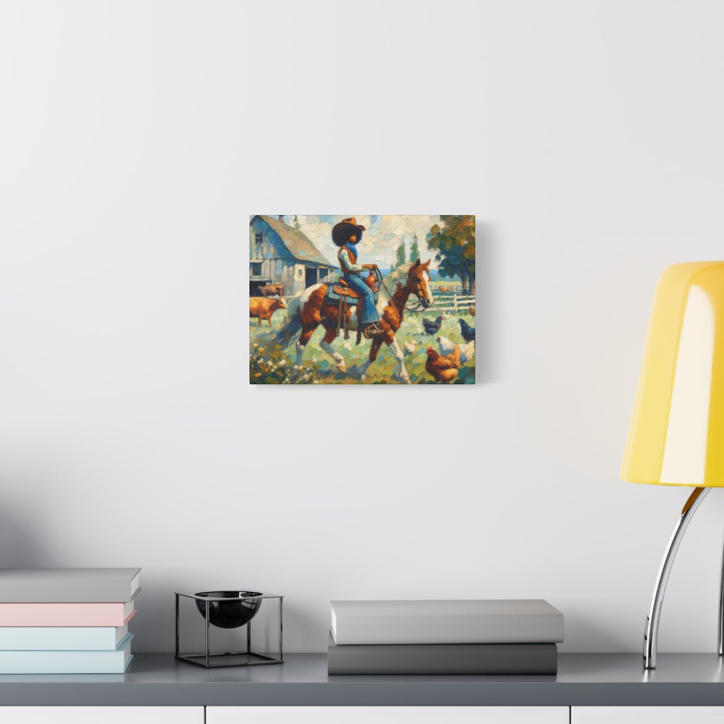 Rustic Farmhouse Wall Art | Cowgirl on Horse Stretched Canvas | Country Barnyard Decor