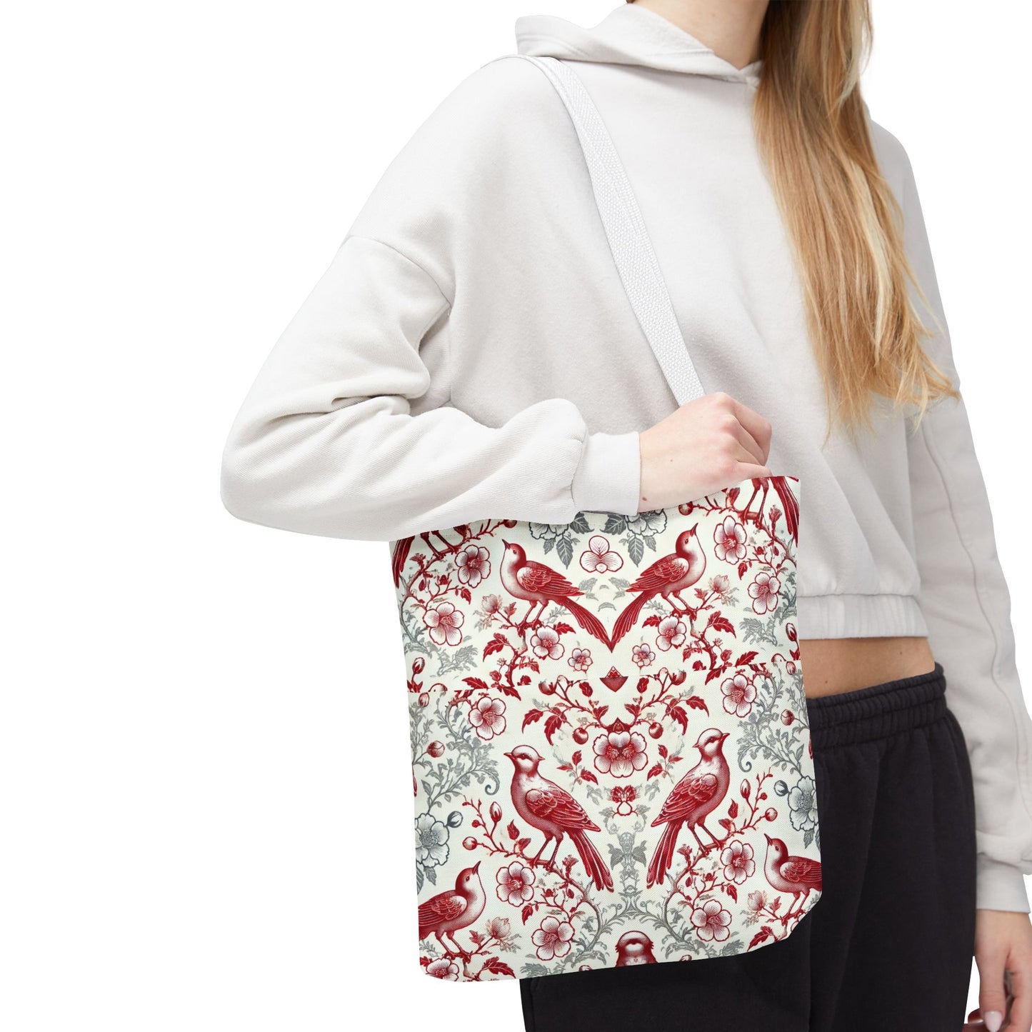 Red & Gray Chinoiserie Bird Tote Bag | Elegant Vintage Floral Baroque Tote | White or Black Handle Option | Reusable Fabric Bag