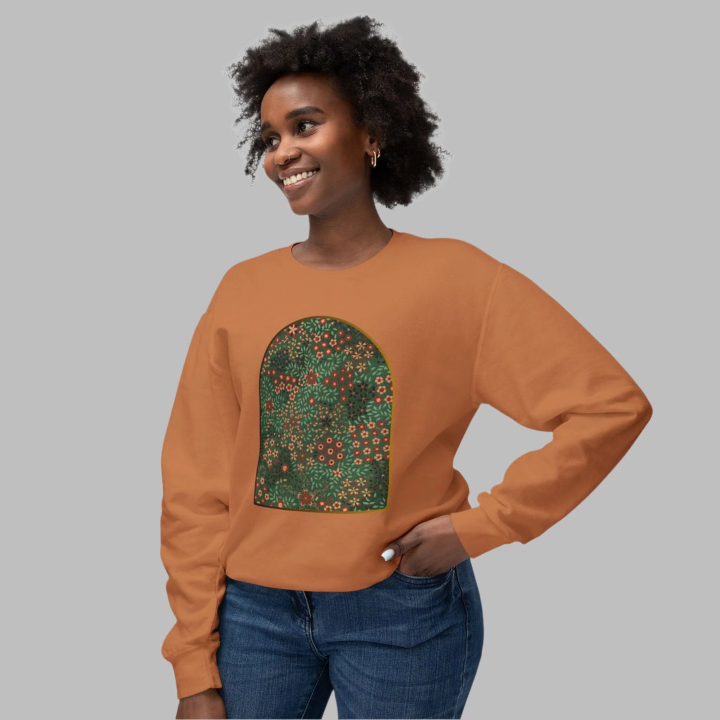 Unisex crewneck sweatshirt featuring a vibrant floral garden design with lush botanical patterns.