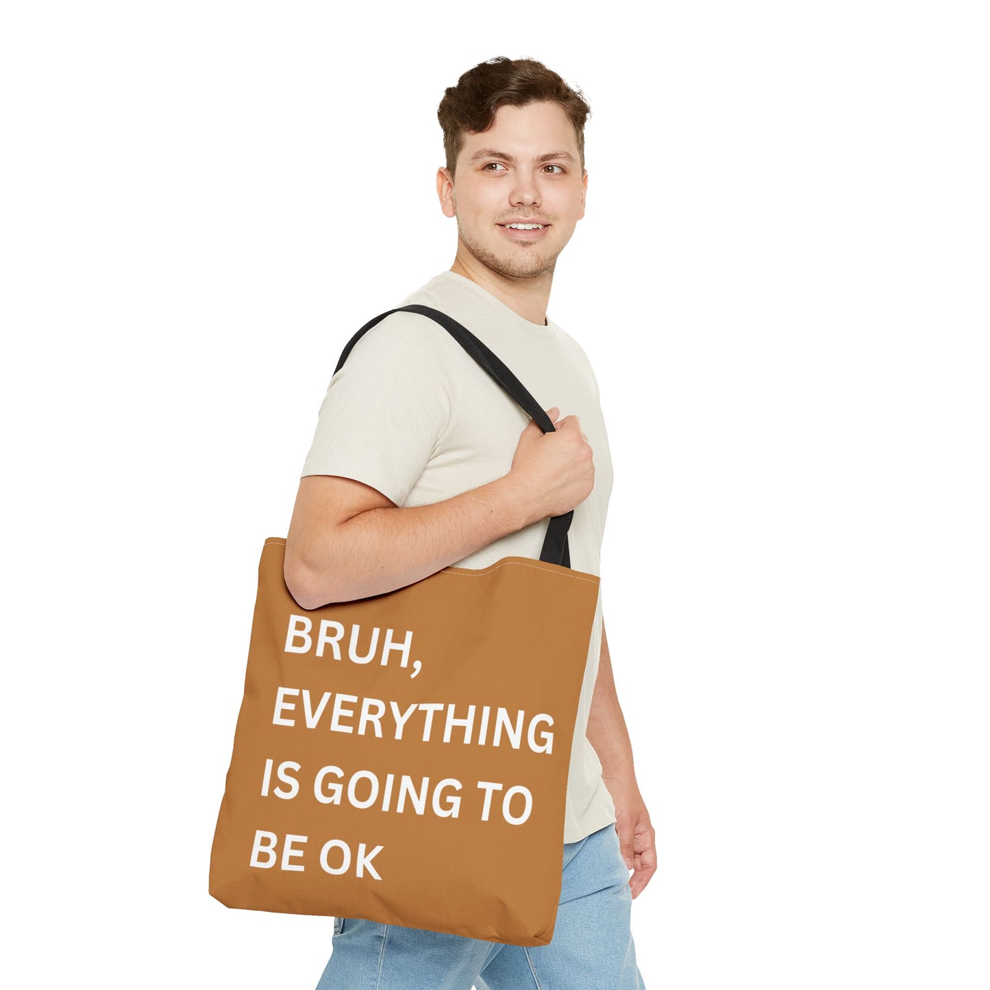 Close-up of a person carrying the minimalist tote bag, highlighting the motivational message in a clean and simple style.
