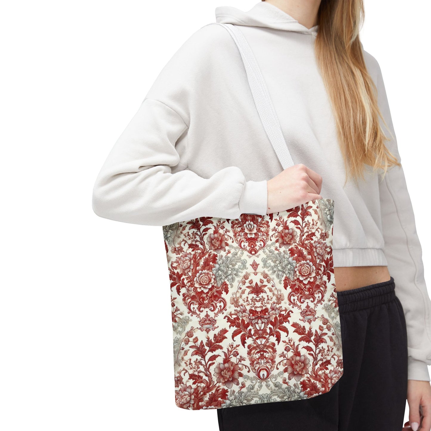 Luxury Red & Gray Chinoiserie Tote Bag – Elegant Floral Baroque Design | Black or White Handles | Stylish Everyday Carryall