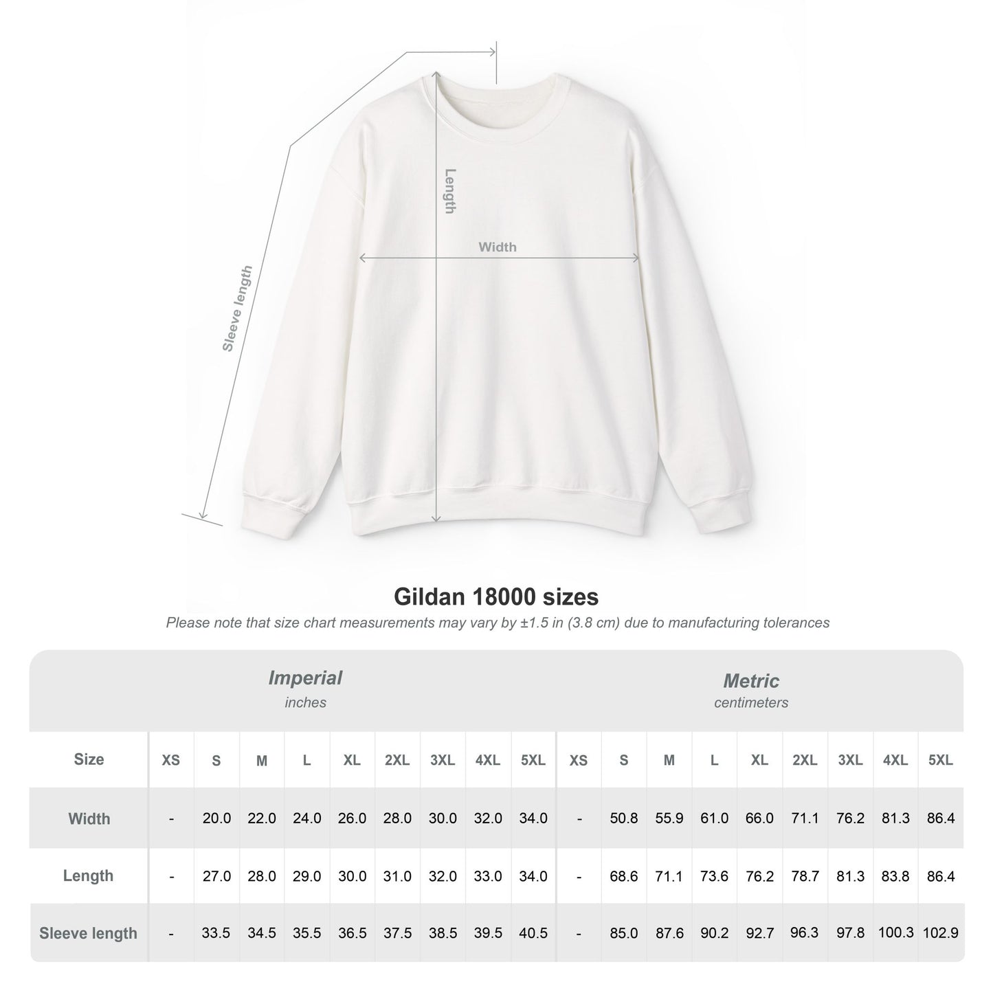 Gildan 18000 crewneck sweatshirt size chart showing width, length, and sleeve measurements.