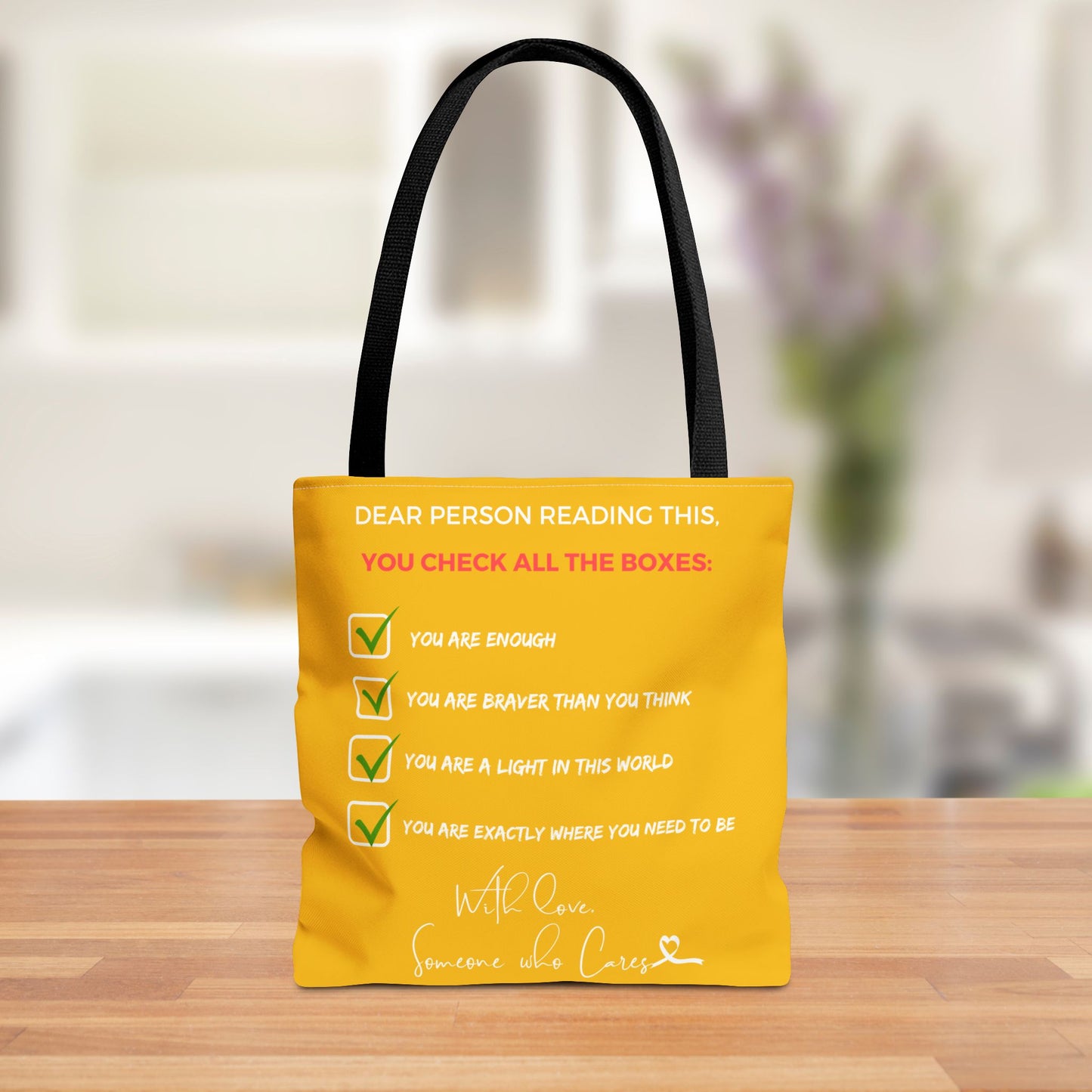 Reversible "Dear Person Reading This" & "Happy Vibes" Motivational Tote Bag | Yellow