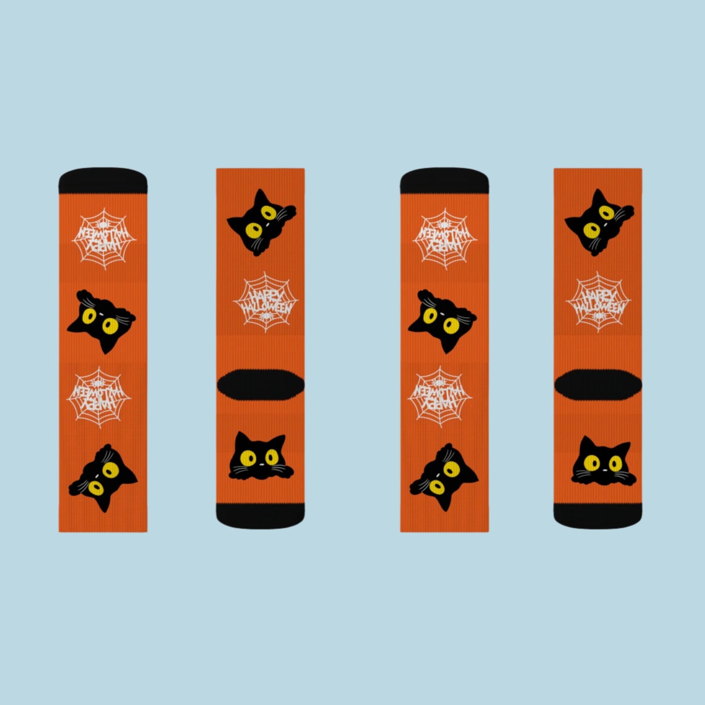 Orange Halloween socks featuring a playful black cat design with spider webs, worn on feet, showcasing a festive and spooky style.