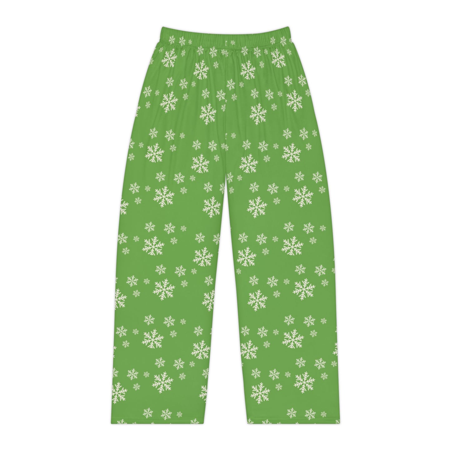 Women's Christmas pajama bottoms with snowflake print and Merry Christmas text, front view