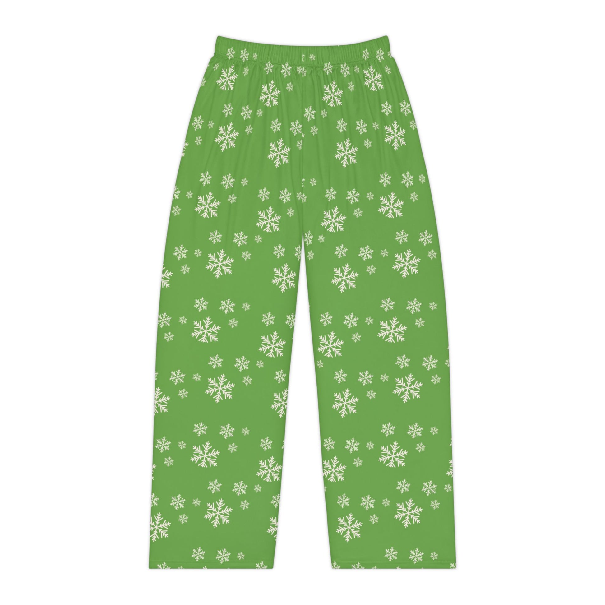 Women's Christmas pajama bottoms with snowflake print and Merry Christmas text, front view