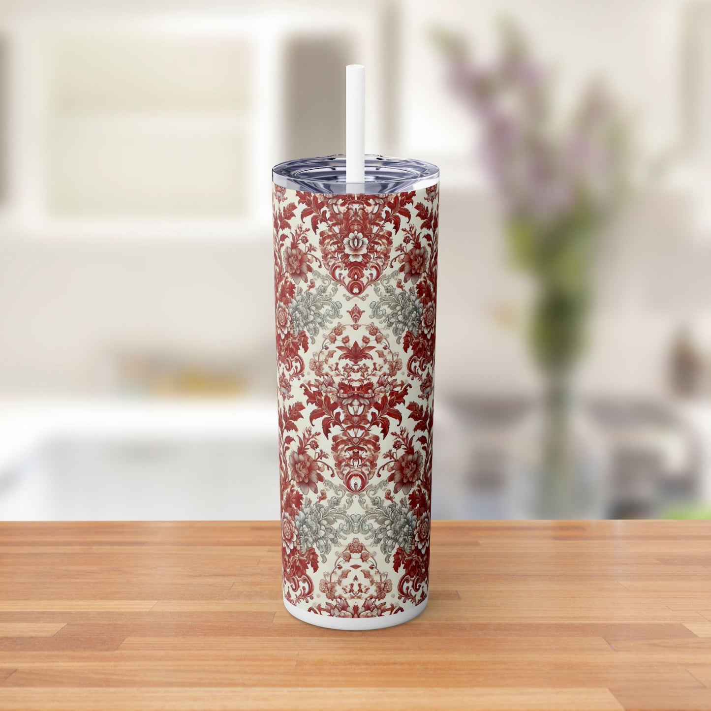 Red & White Baroque Chinoiserie Tumbler – 20oz Maars Skinny Tumbler with Straw | Insulated Stainless Steel Travel Mug
