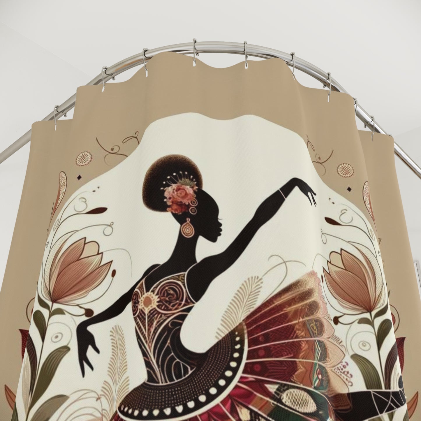 Detailed floral motif and dancer in earthy colors on a high-quality shower curtain.