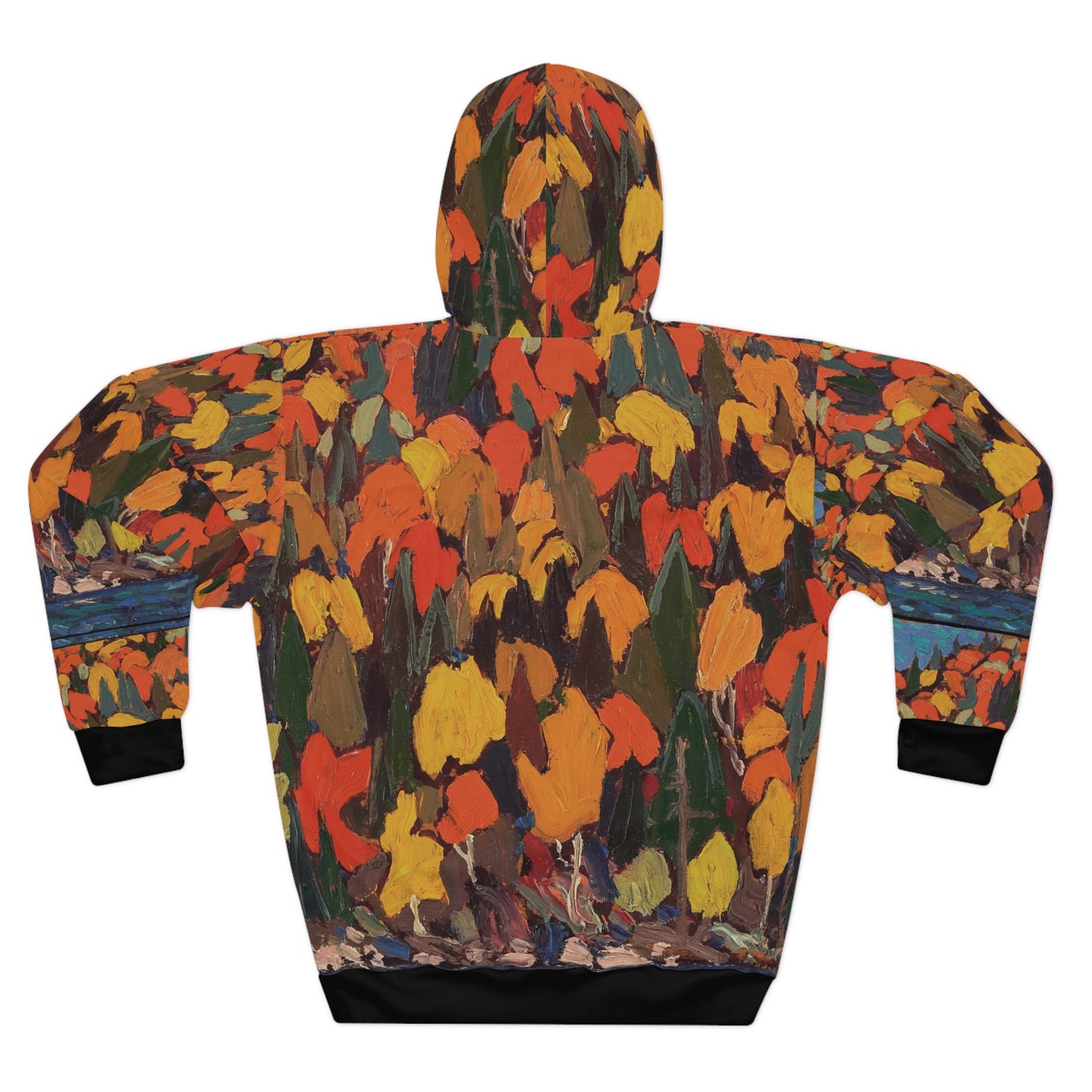 Back view of Autumn Foliage Hoodie showcasing detailed fall leaves and colors.