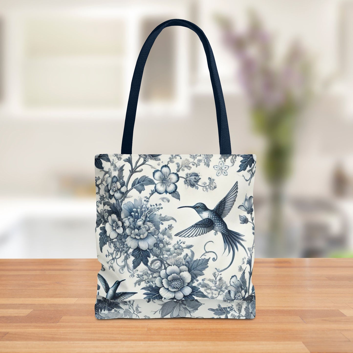 Chinoiserie Hummingbird Tote Bag – Blue & White Vintage Floral Bird Design | Durable Polyester Canvas | White or Navy Straps