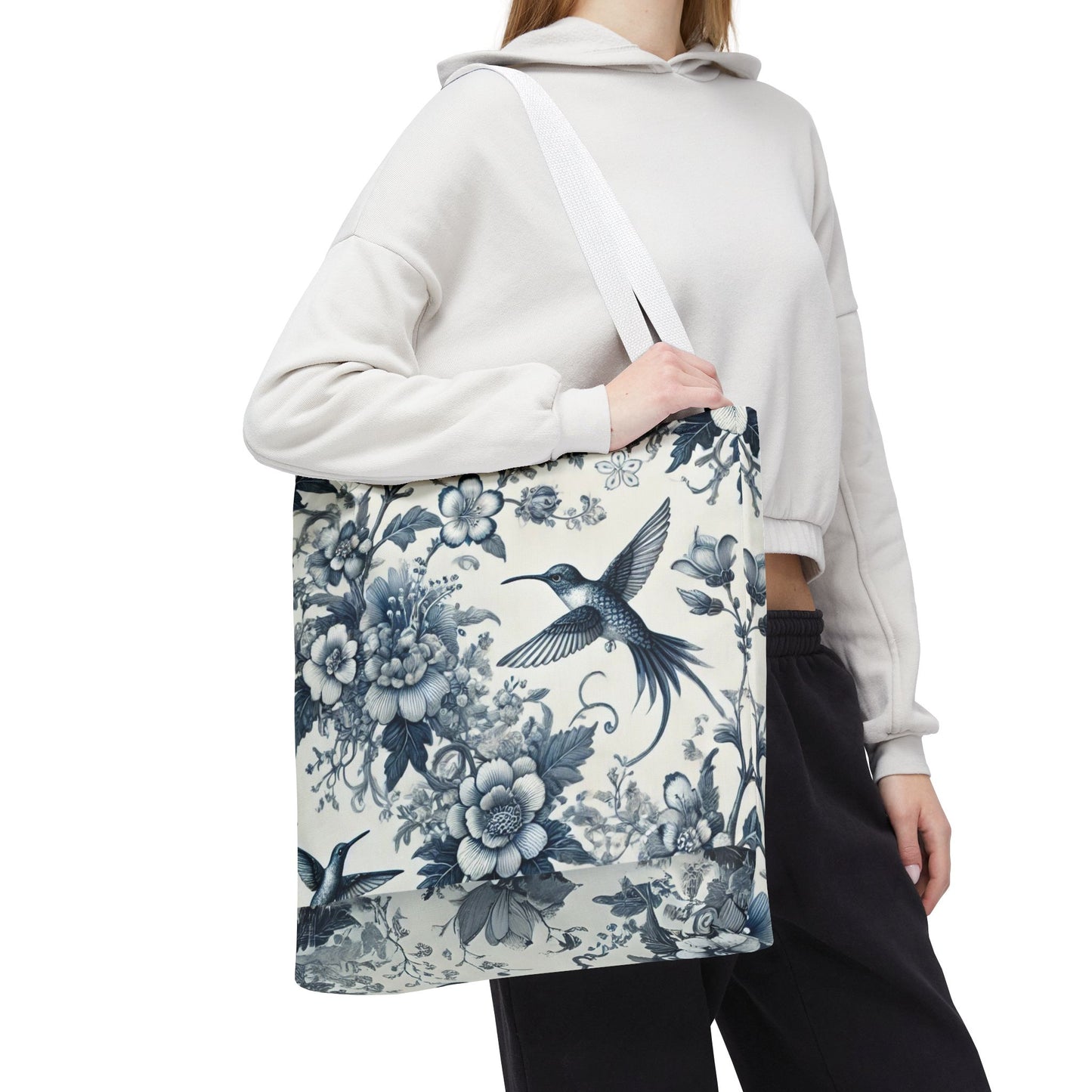 Chinoiserie Hummingbird Tote Bag – Blue & White Vintage Floral Bird Design | Durable Polyester Canvas | White or Navy Straps