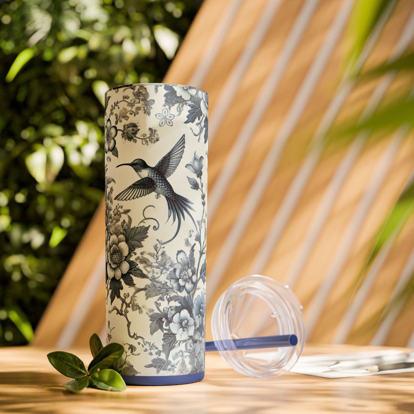 Blue & White Chinoiserie Hummingbird Tumbler | 20oz Maars Skinny Insulated Travel Mug with Lid & Straw | Elegant Floral Bird Design | Gift for Tea & Coffee Lovers