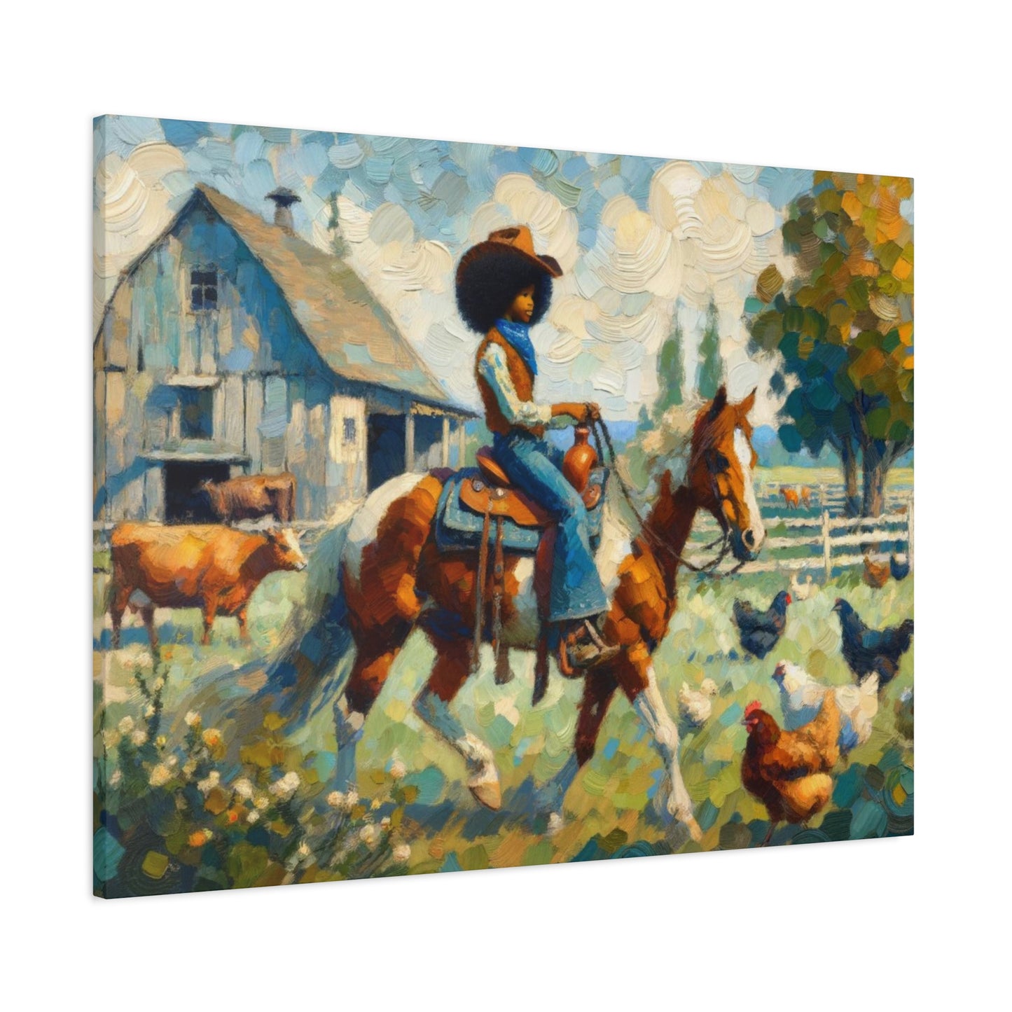 Rustic Farmhouse Wall Art | Cowgirl on Horse Stretched Canvas | Country Barnyard Decor