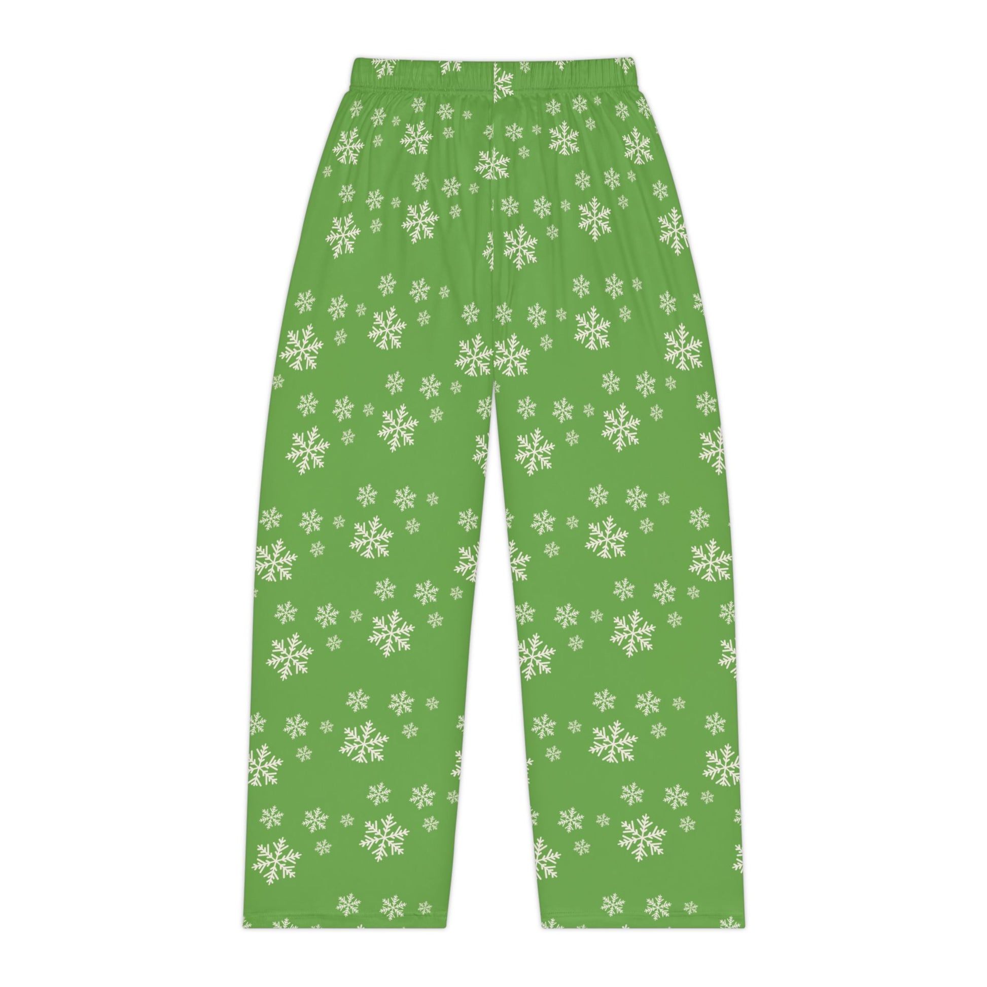 Back view of women's holiday pajama pants, showing snowflake pattern and relaxed fit.