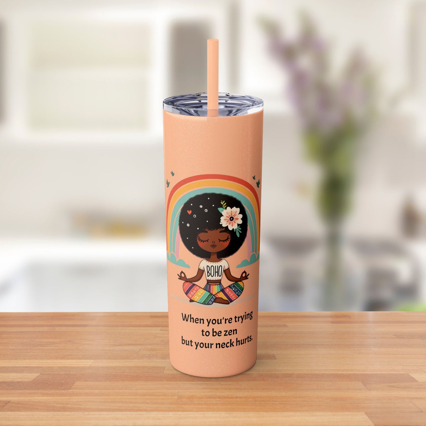 Front view of 20oz Zen Meditating Tumbler featuring a colorful rainbow and meditating figure with a flower in her hair, peach background.