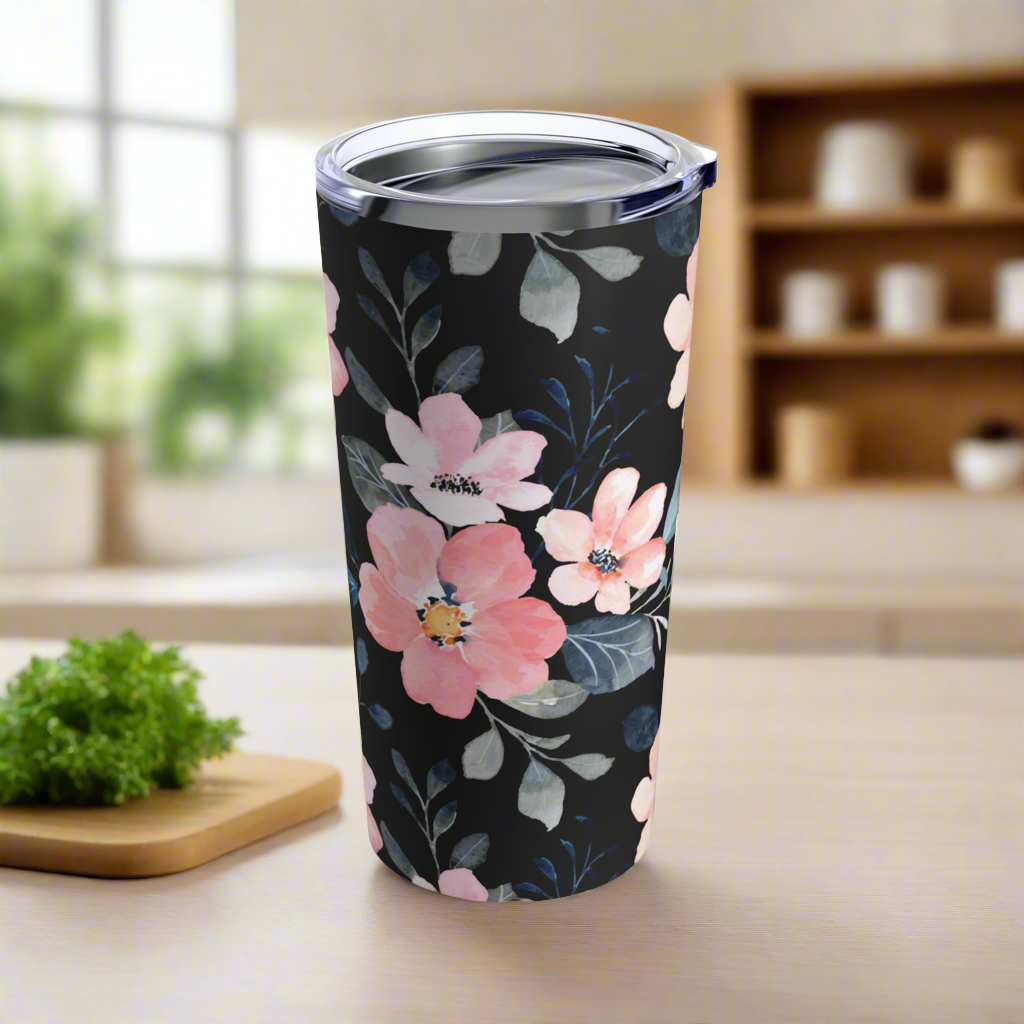 Elegant Floral Tumbler – 20oz Black & Pink Flower Design