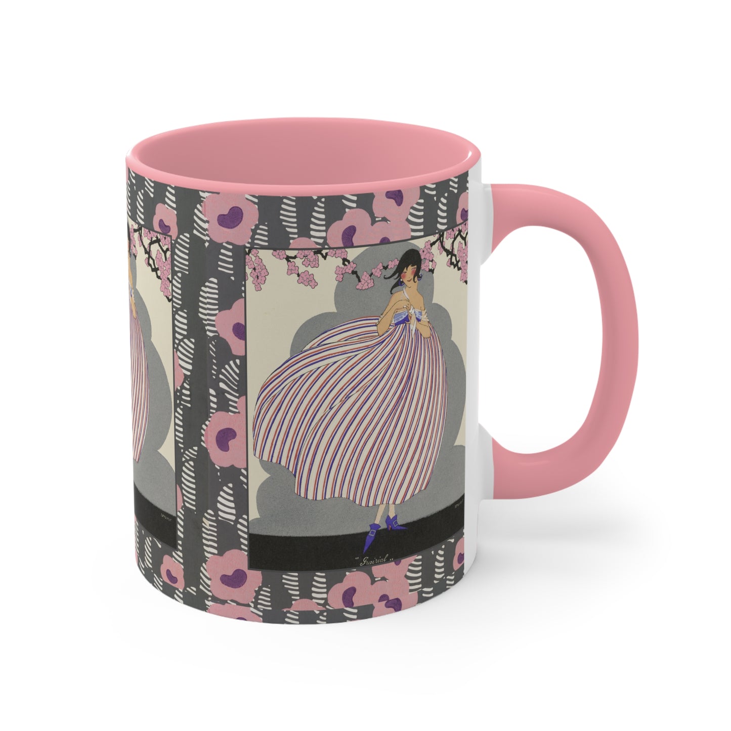 Side view of the Art Deco floral mug, showcasing a striking French-inspired illustration with bold pastel tones.