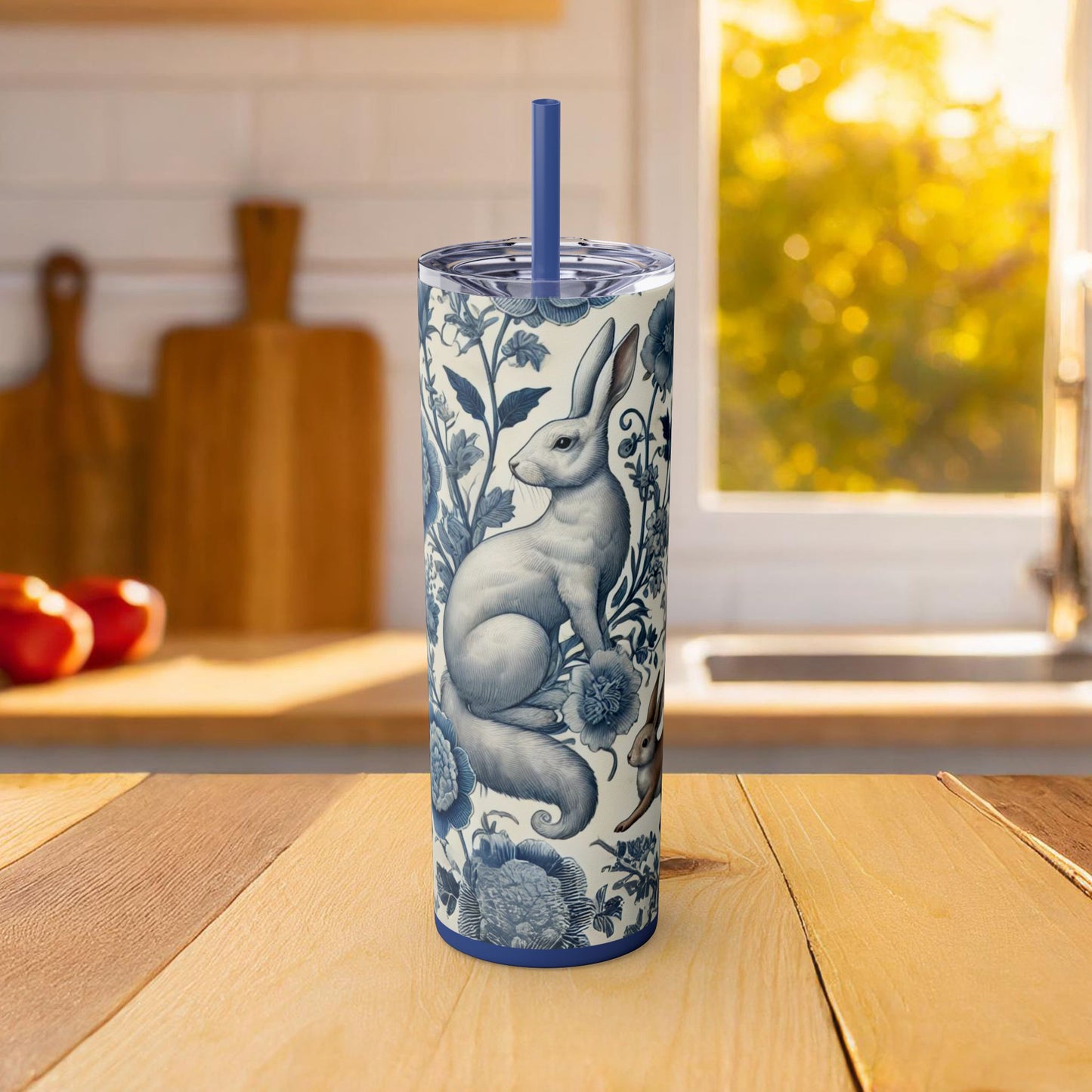 Chinoiserie Blue & White Forest Animals Tumbler | 20oz Maars Stainless Steel Insulated Tumbler with Lid & Straw | Fox & Rabbit Floral Travel Mug