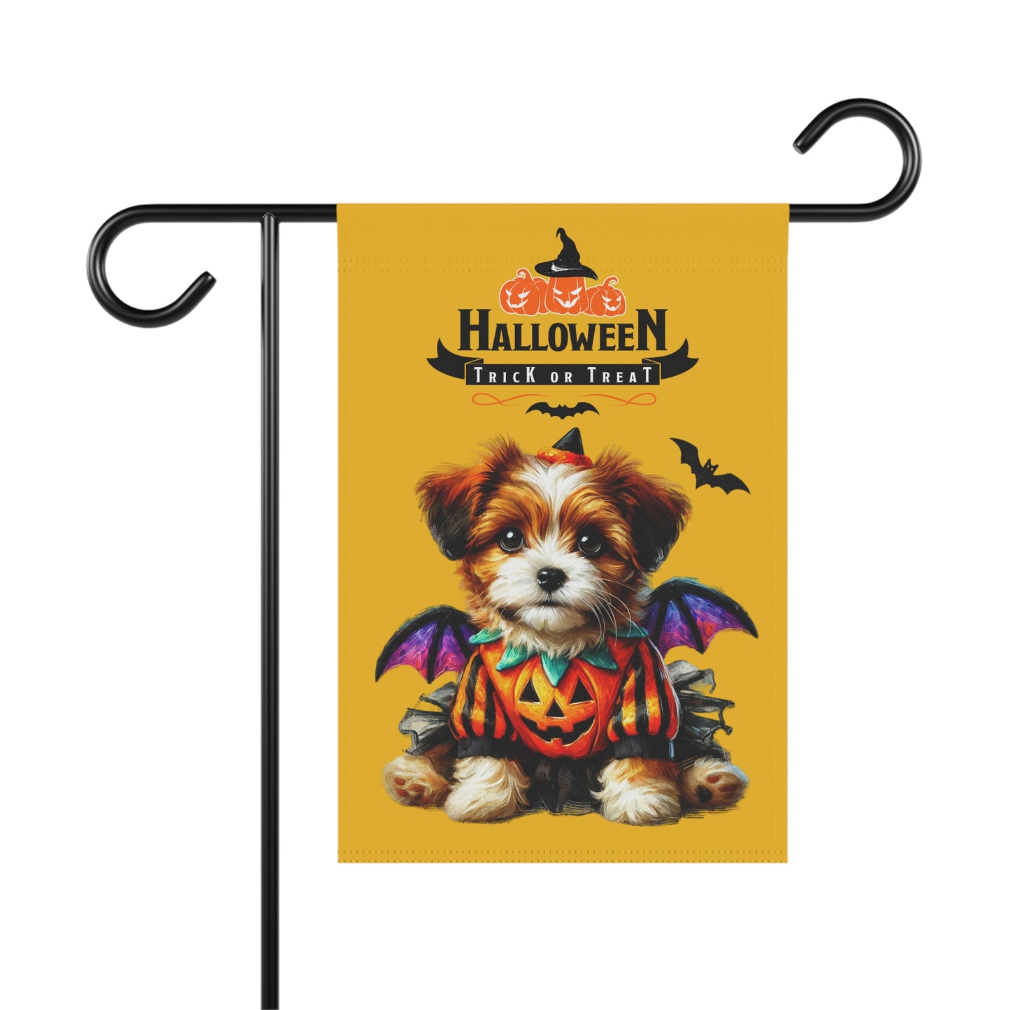 Halloween Garden Flag | Trick or Treat Puppy with Pumpkin Costume and Bats | 100% Poly Poplin-Canvas