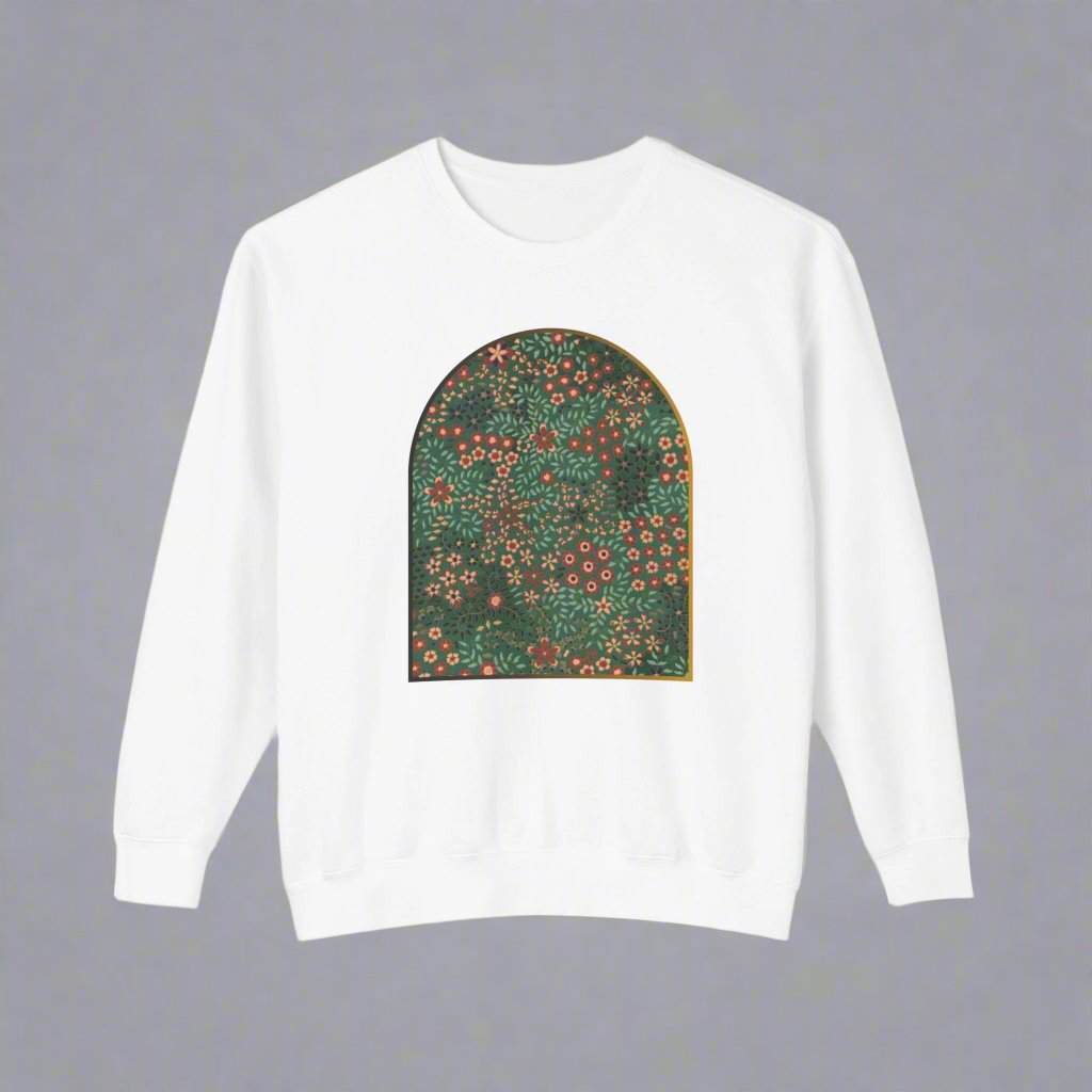 Unisex crewneck sweatshirt featuring a vibrant floral garden design with lush botanical patterns.