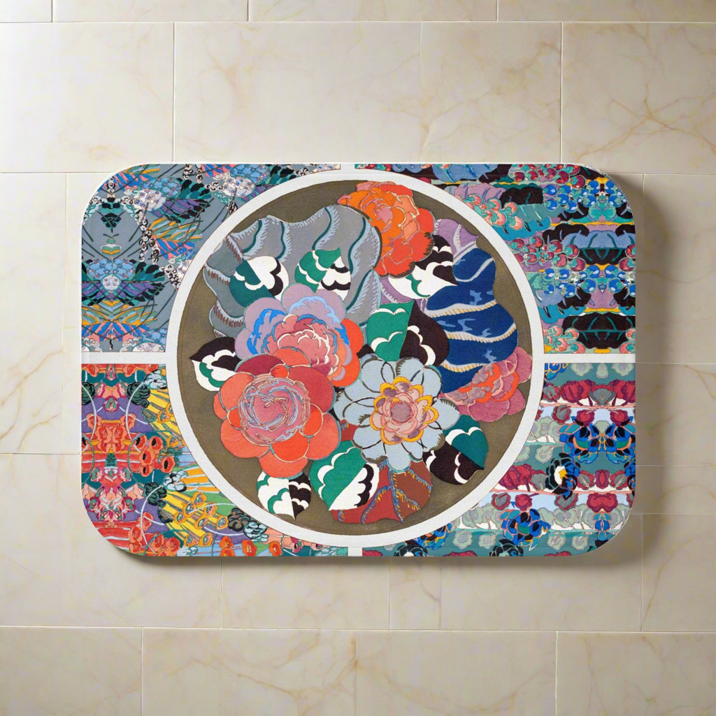 Floral Art Deco bath mat featuring Édouard Bénédictus’ intricate 1928 floral design in vibrant colors, adding vintage elegance to a modern bathroom.