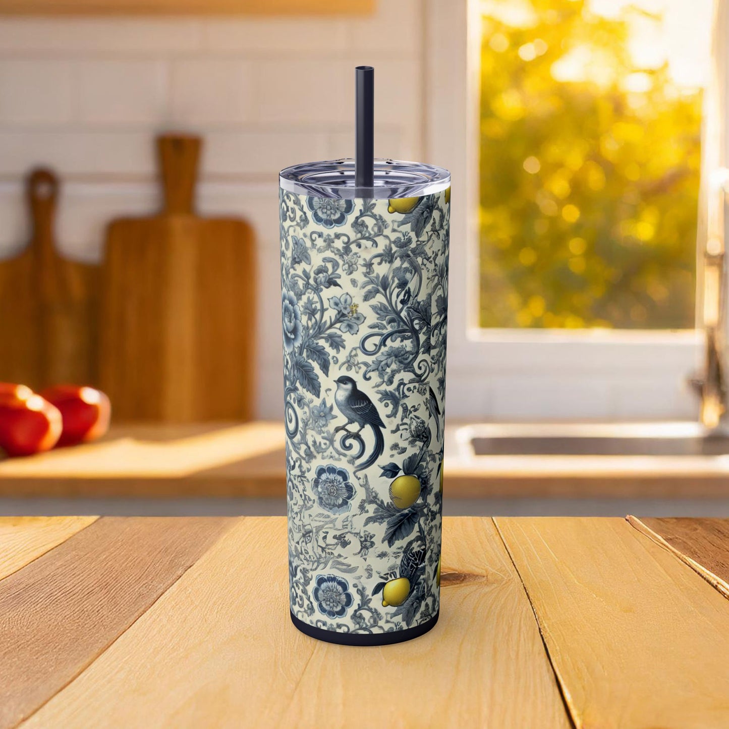 Blue Chinoiserie Lemon Tumbler | 20oz Insulated Travel Cup | Vintage Botanical Birds & Lemons | Includes Straw & Lid