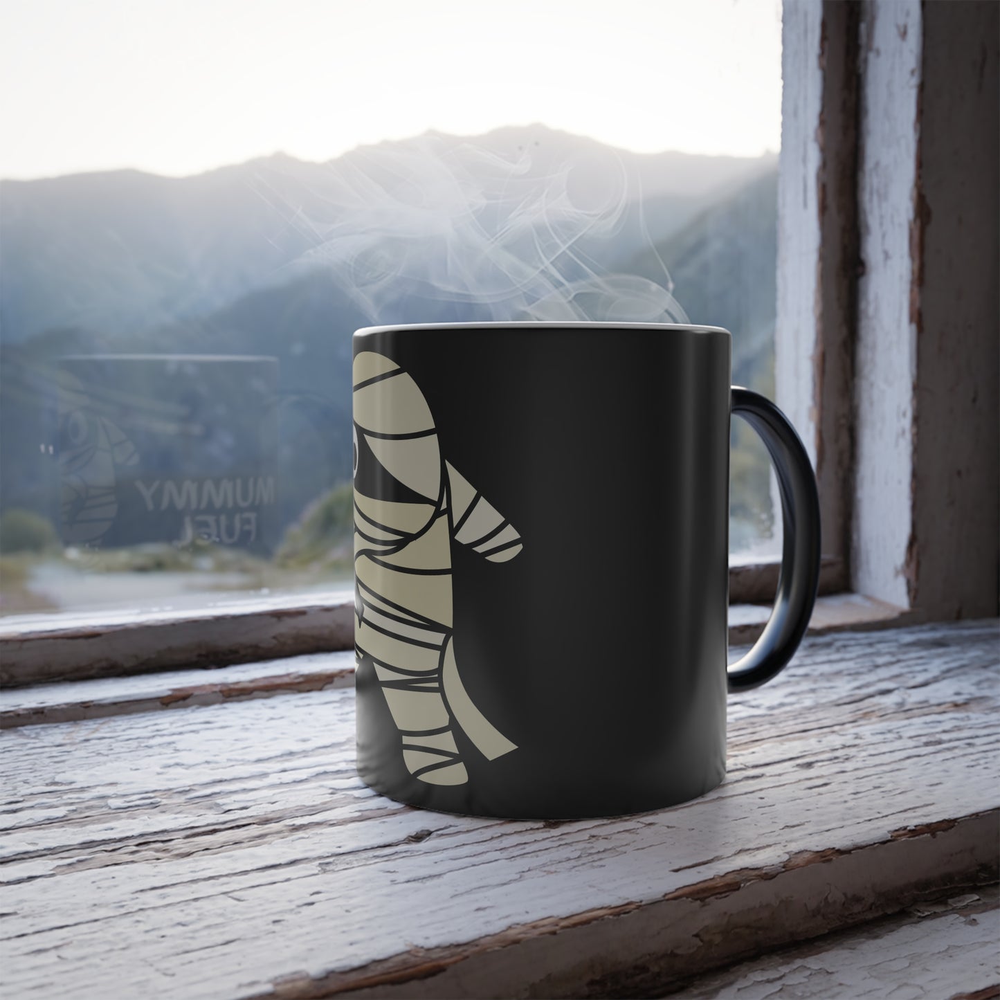 Mummy Fuel Heat-Activated Magic Morphing Mug, 11oz, featuring a Halloween-themed Mummy design that changes color with heat