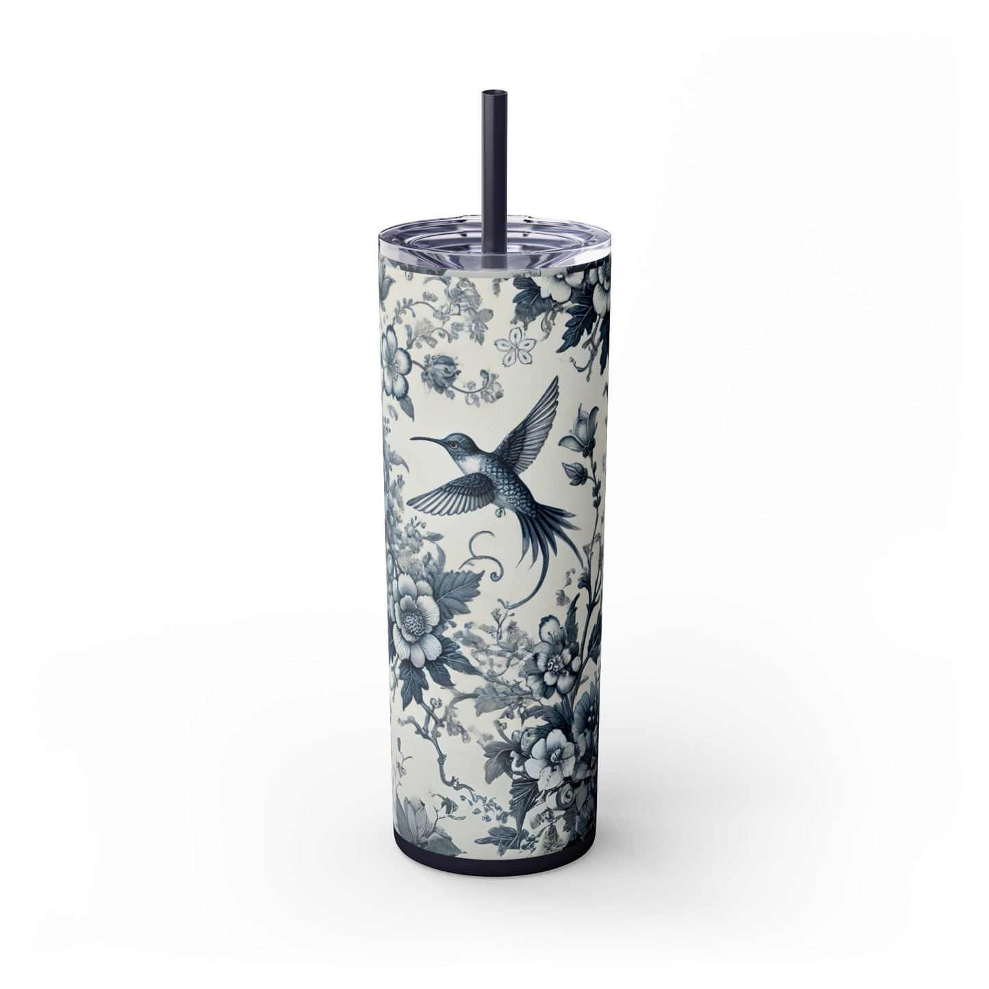 Blue & White Chinoiserie Hummingbird Tumbler | 20oz Maars Skinny Insulated Travel Mug with Lid & Straw | Elegant Floral Bird Design | Gift for Tea & Coffee Lovers