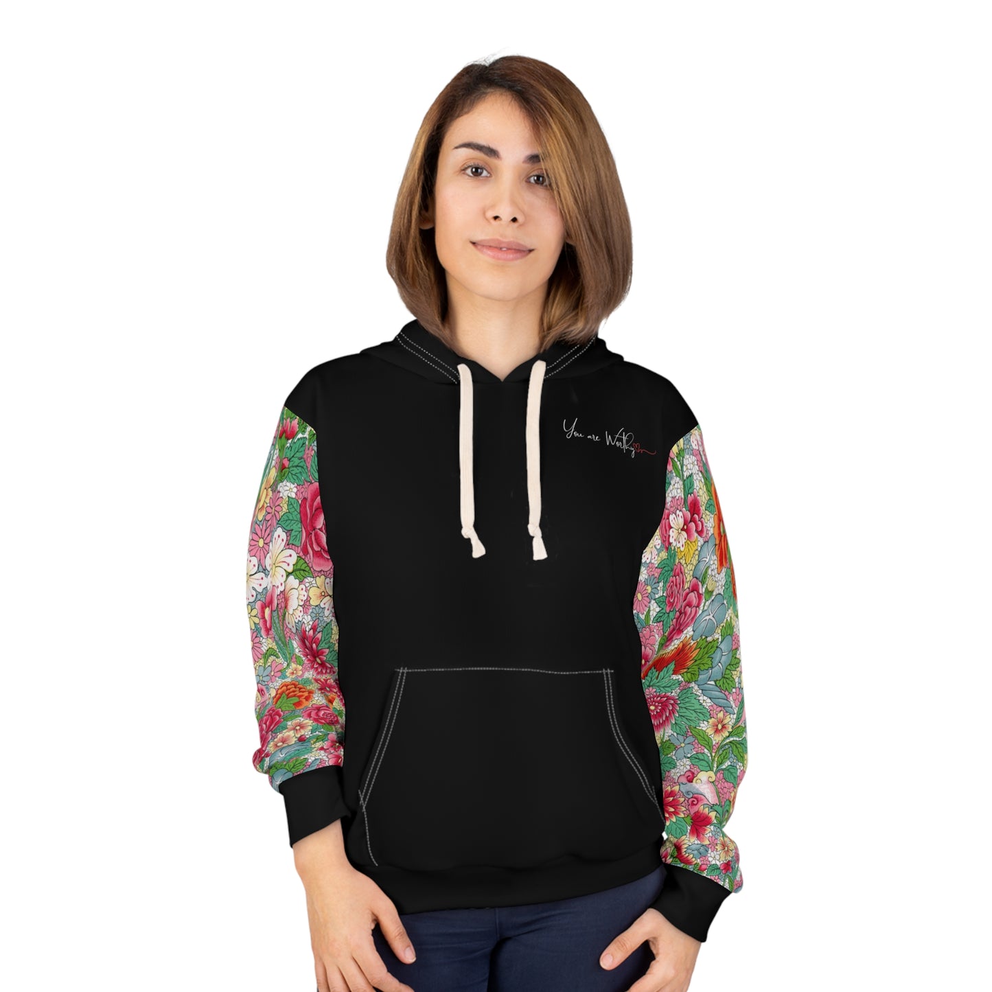Woman wearing the 'You Are Worthy' hoodie, highlighting the vintage floral design and positive message