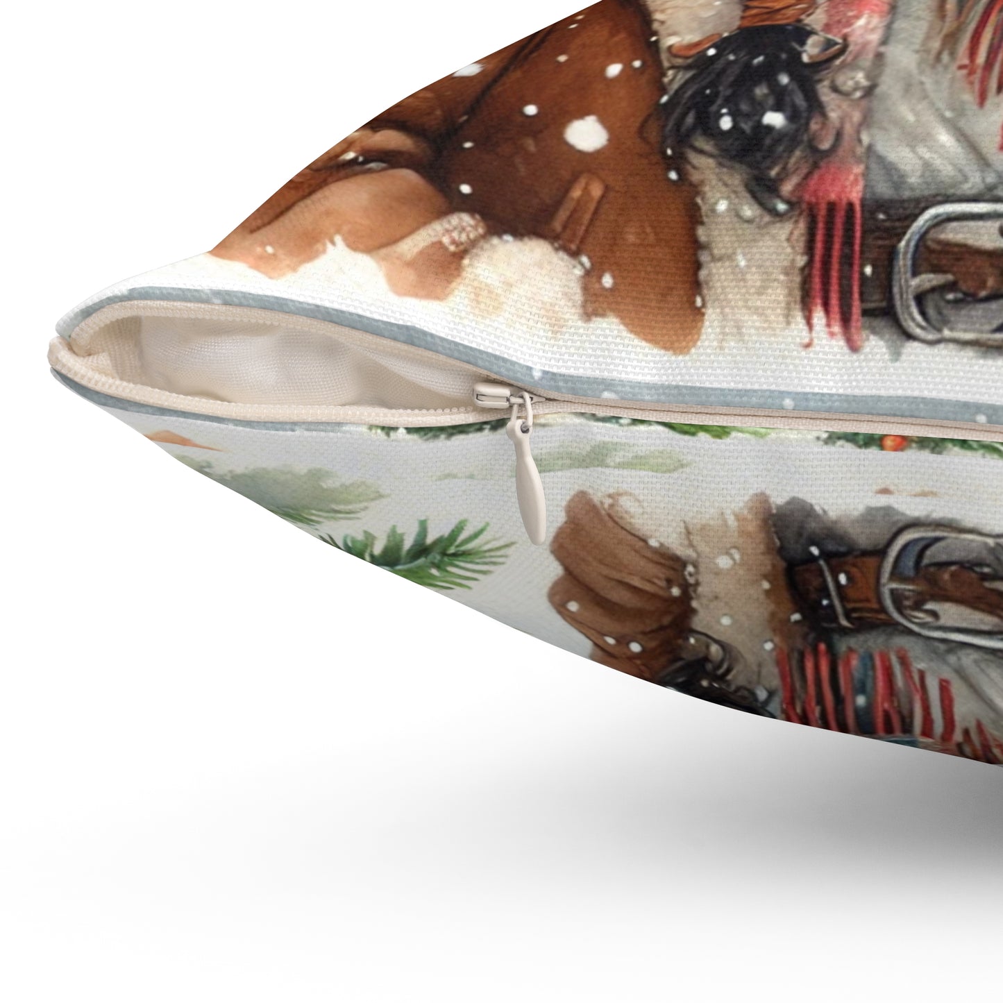 Close-up view of the pillow’s zippered closure with detailed fabric texture and snowflake design.