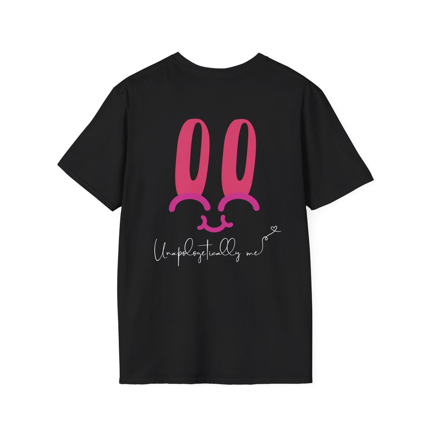 Back view of 'Unapologetically Me' motivational t-shirt featuring pink bunny design with 'Unapologetically Me' script underneath.