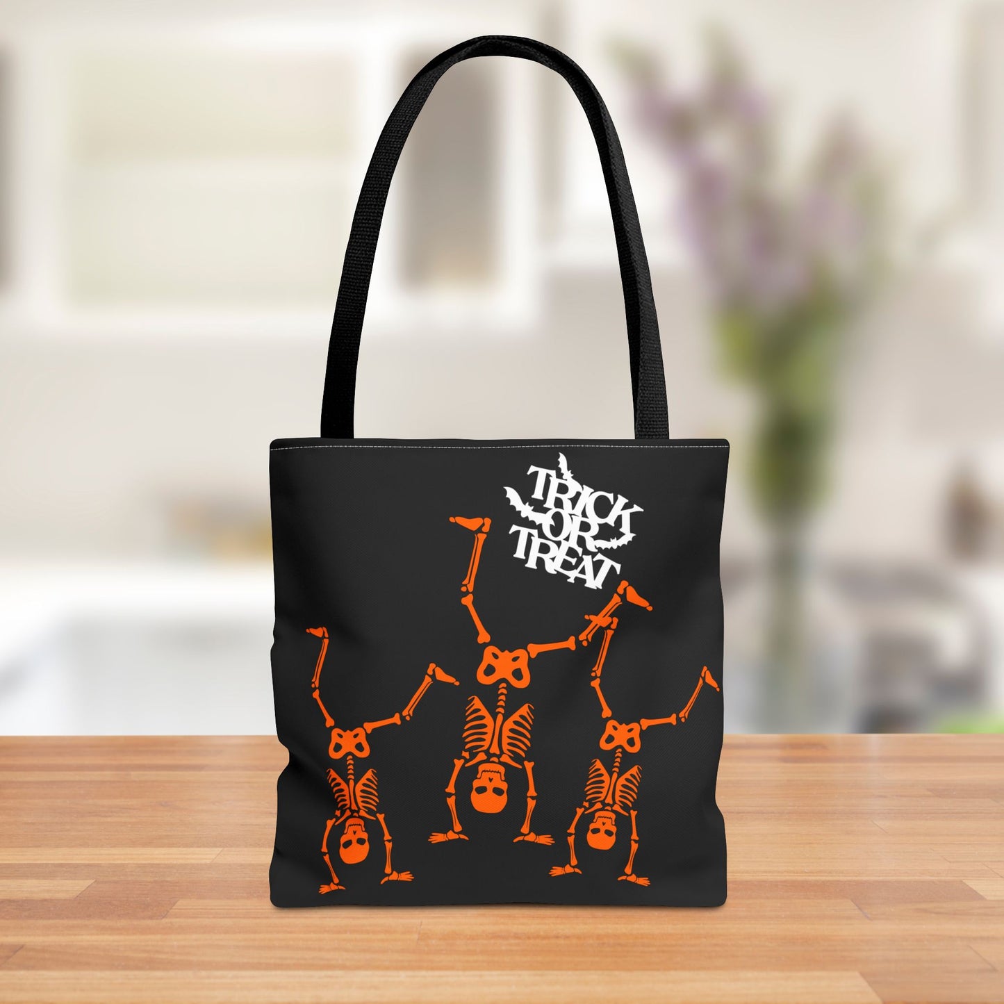 Front view of Halloween Trick or Treat Skeleton Tote Bag featuring playful skeleton design.