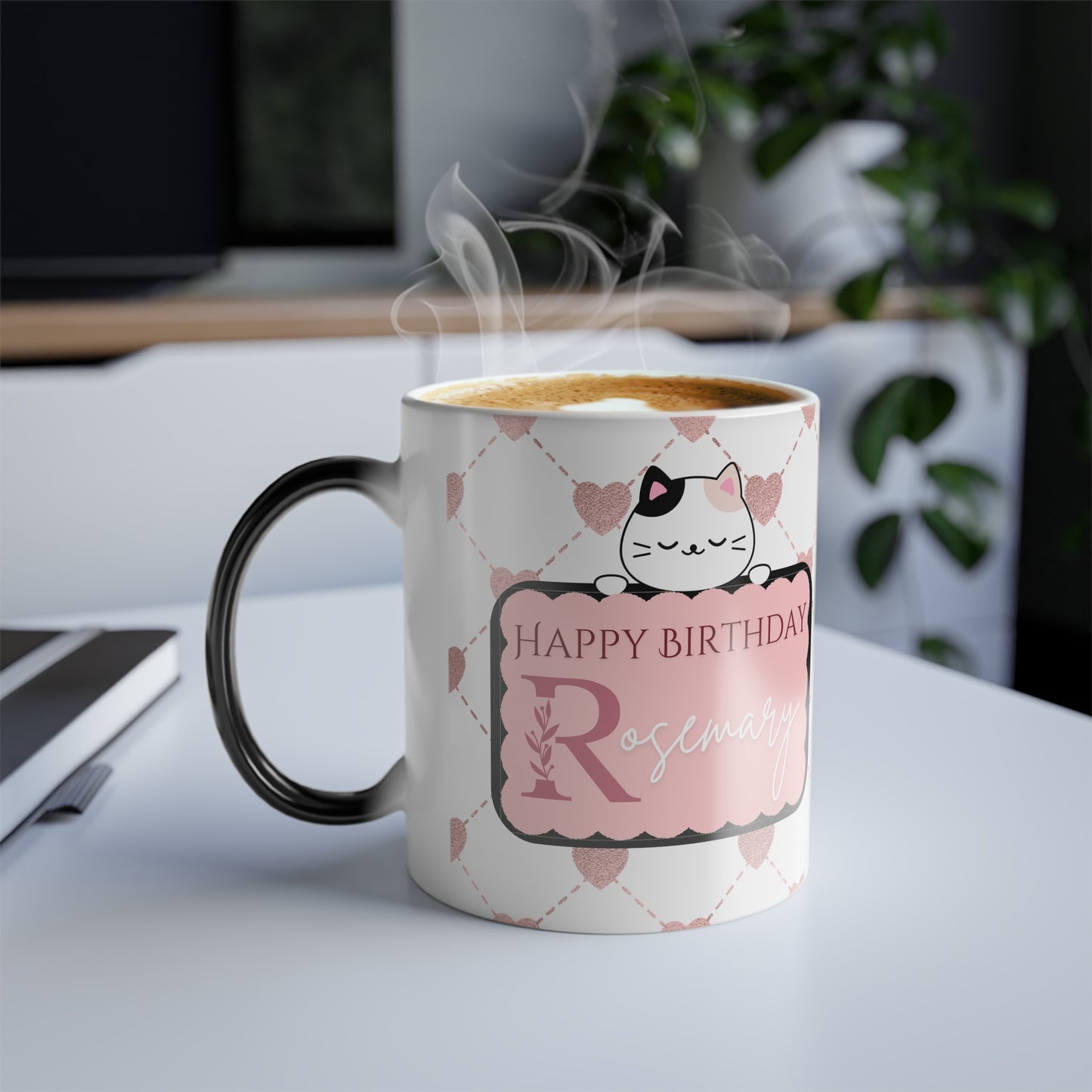 Personalized cat birthday mug with custom message and hearts.