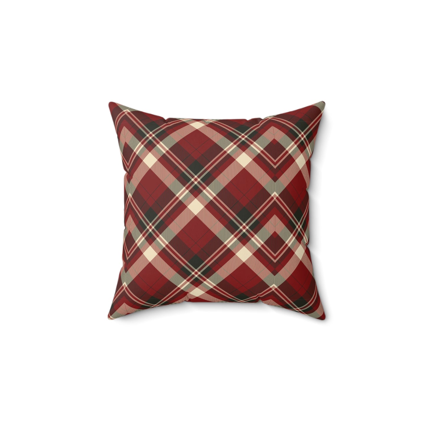 Back view of the throw pillow showcasing a red and green plaid pattern for a festive holiday look.