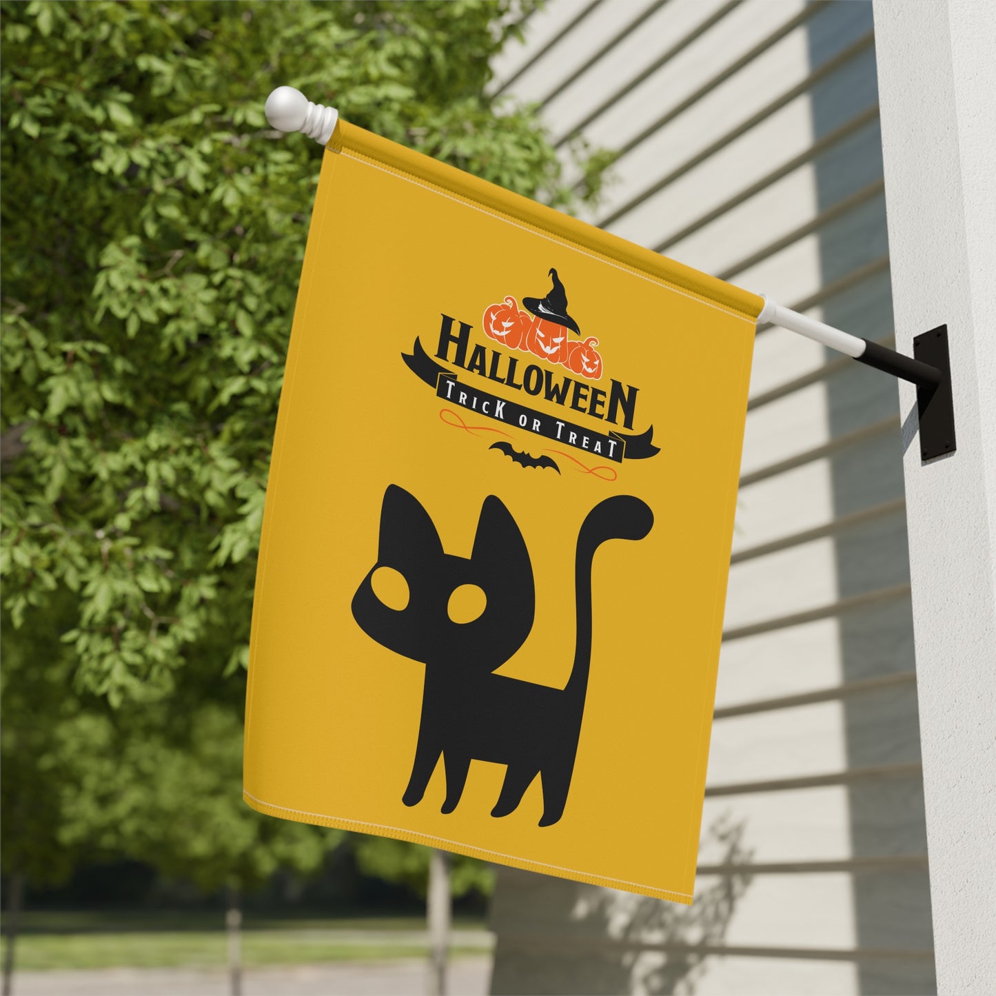 Halloween Trick or Treat Black Cat Garden Flag | 100% Poly Poplin-Canvas