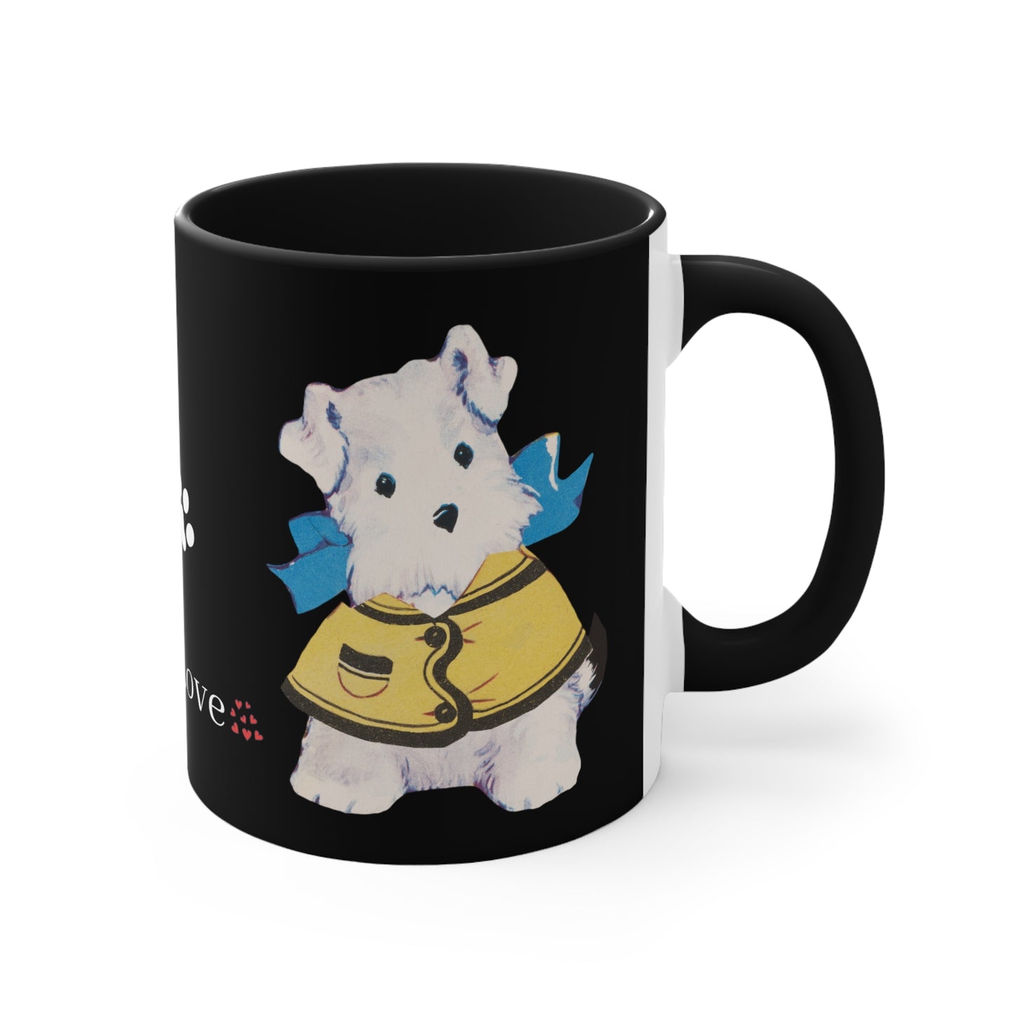 Charming puppy-themed coffee mug with the phrase 'Puppy Love' and paw prints.