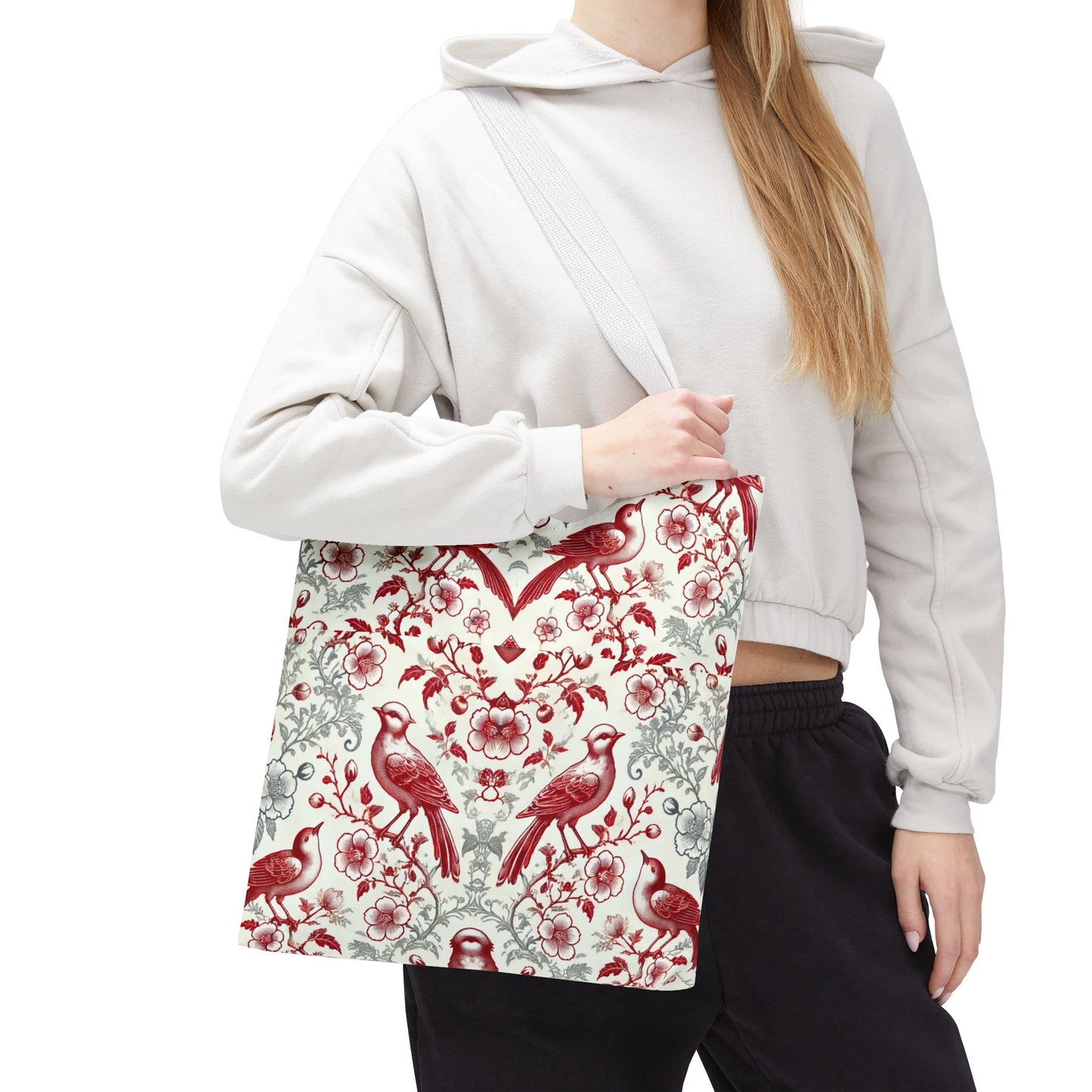 Red & Gray Chinoiserie Bird Tote Bag | Elegant Vintage Floral Baroque Tote | White or Black Handle Option | Reusable Fabric Bag