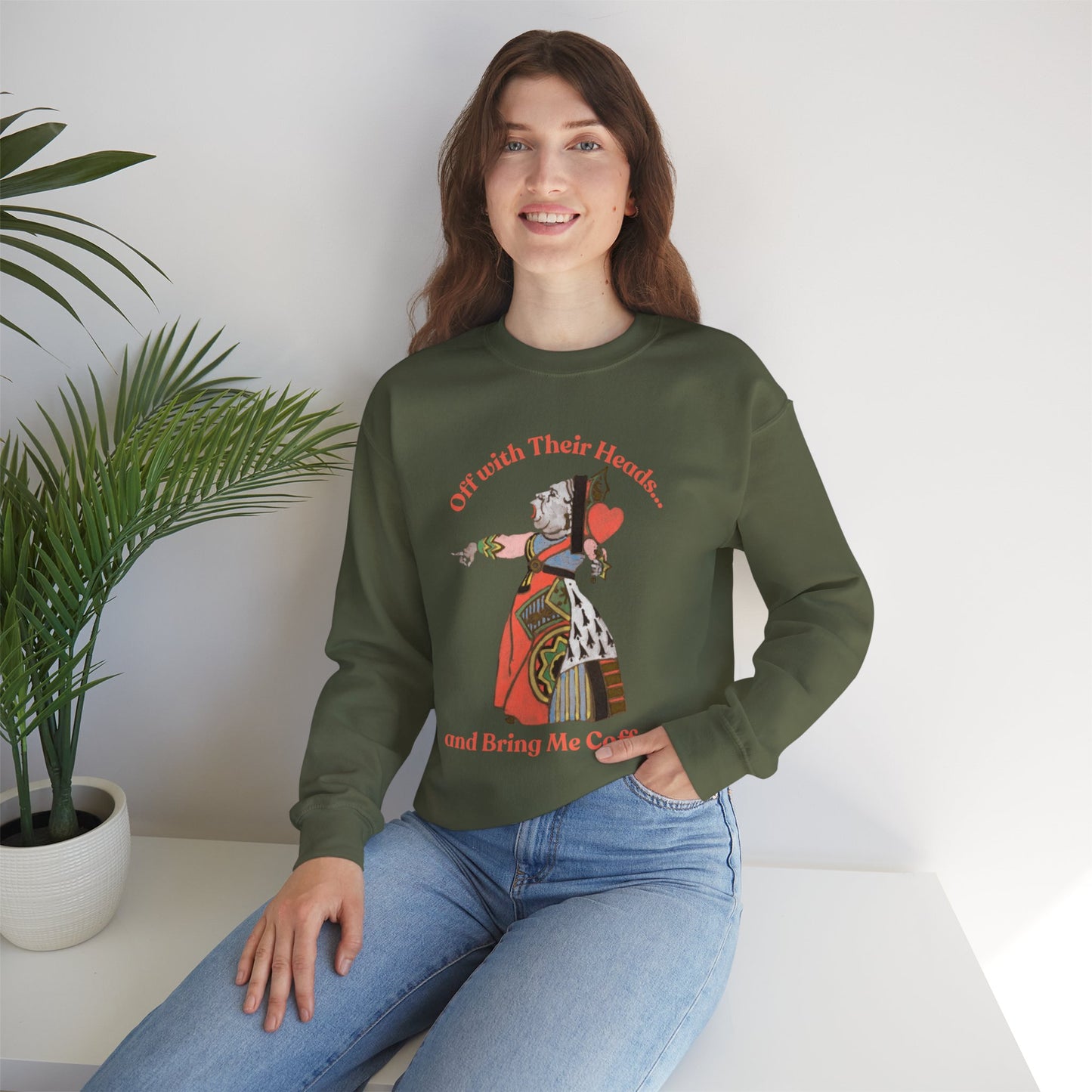 Queen of Hearts Coffee Sweatshirt | Funny Coffee Lover Sweater | Vintage-Inspired Off with Their Heads Sweatshirt