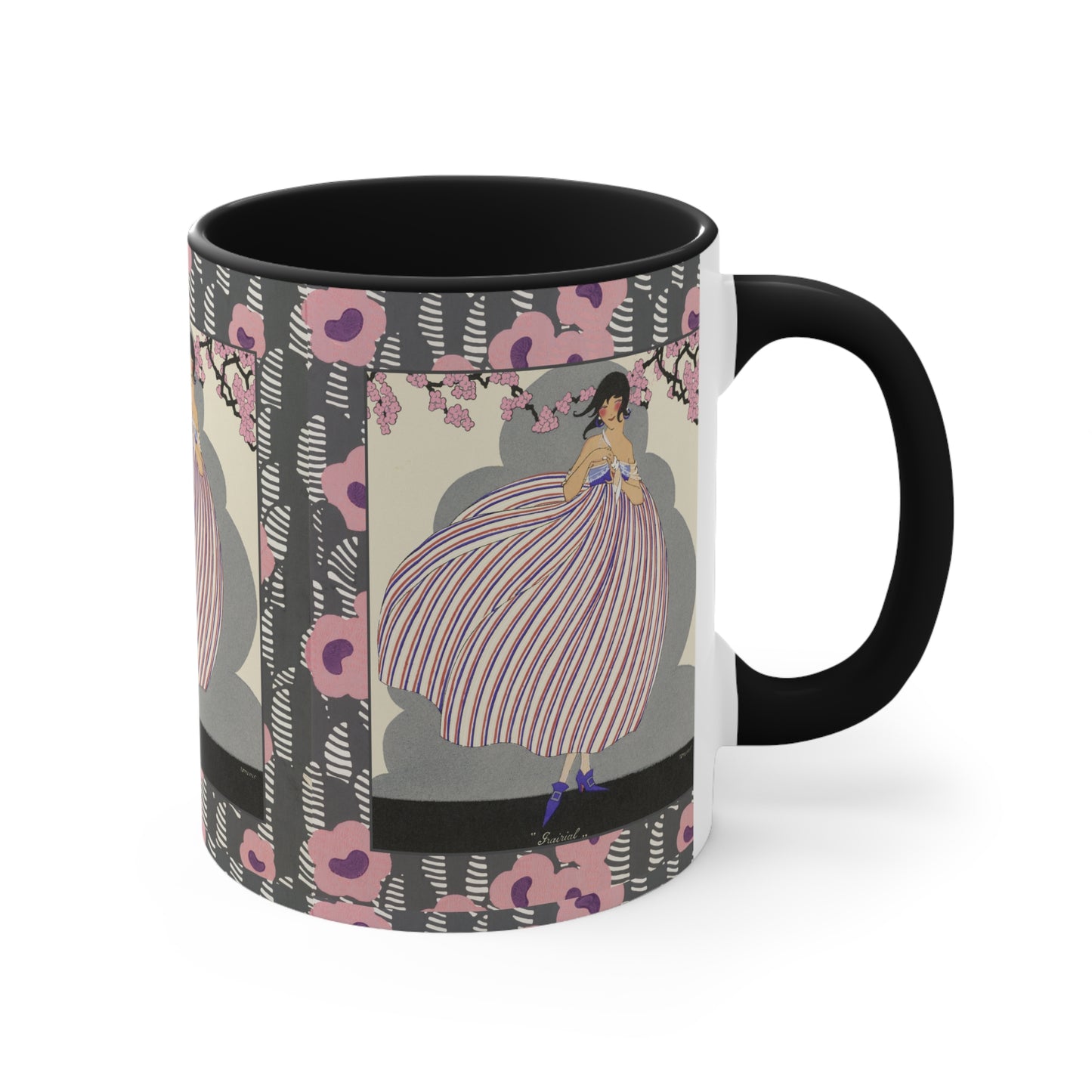 Side view of the Art Deco floral mug, showcasing a striking French-inspired illustration with bold pastel tones.