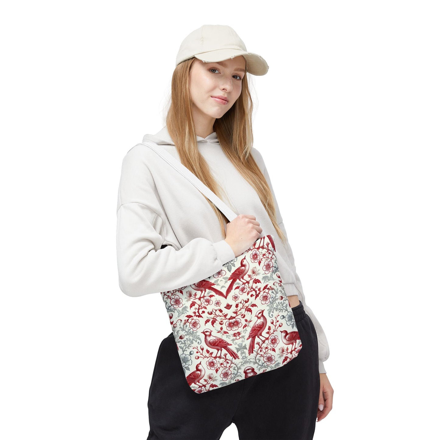 Red & Gray Chinoiserie Bird Tote Bag | Elegant Vintage Floral Baroque Tote | White or Black Handle Option | Reusable Fabric Bag